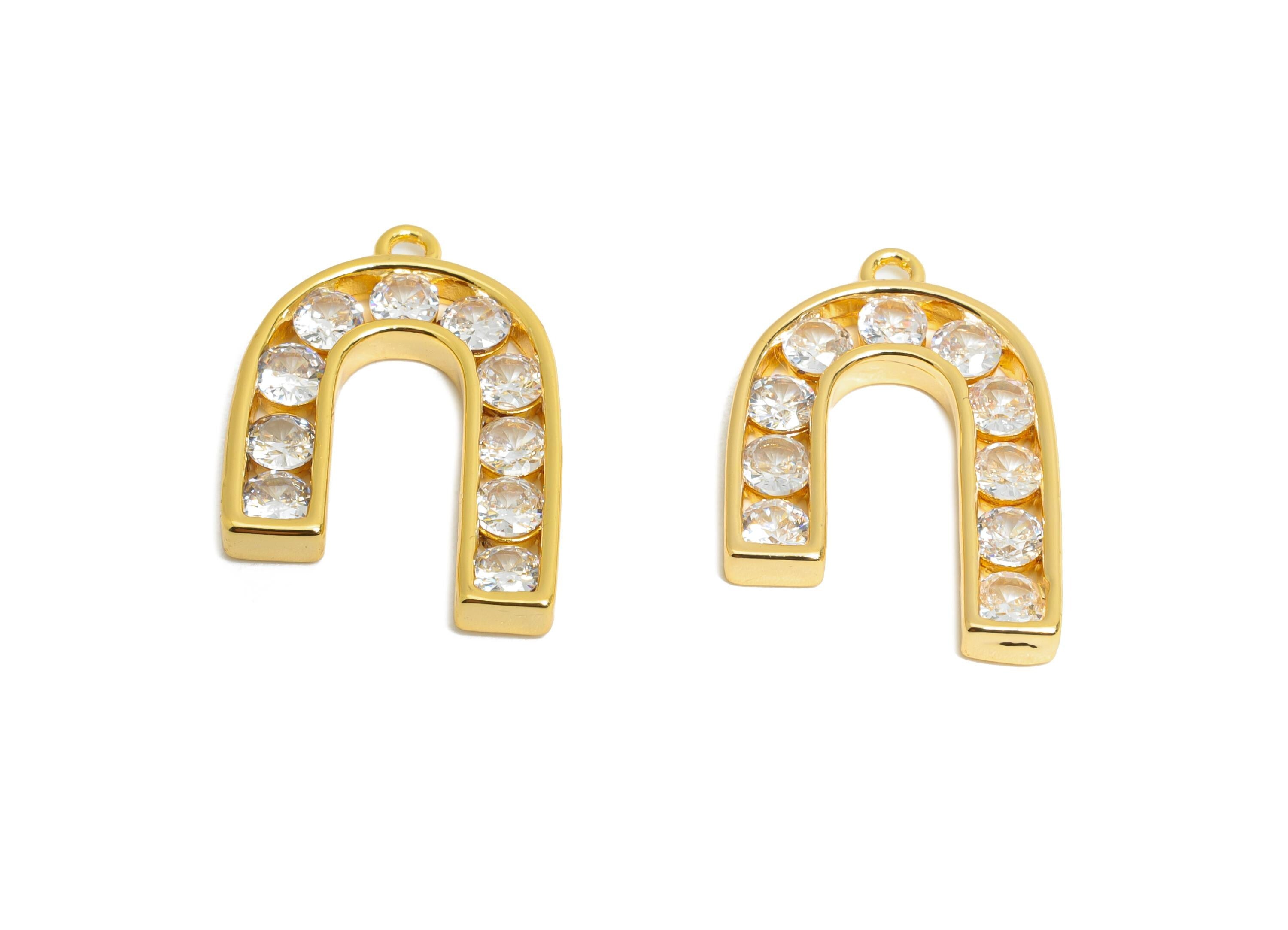 Gold Alphabet Charm - Brass Dainty Horseshoe Zircon Pendant - Sparkling Initial Jewelry - 18K Real Gold Plating - 21x14x2.2mm - RGP9672 - DOMEDBAZAAR