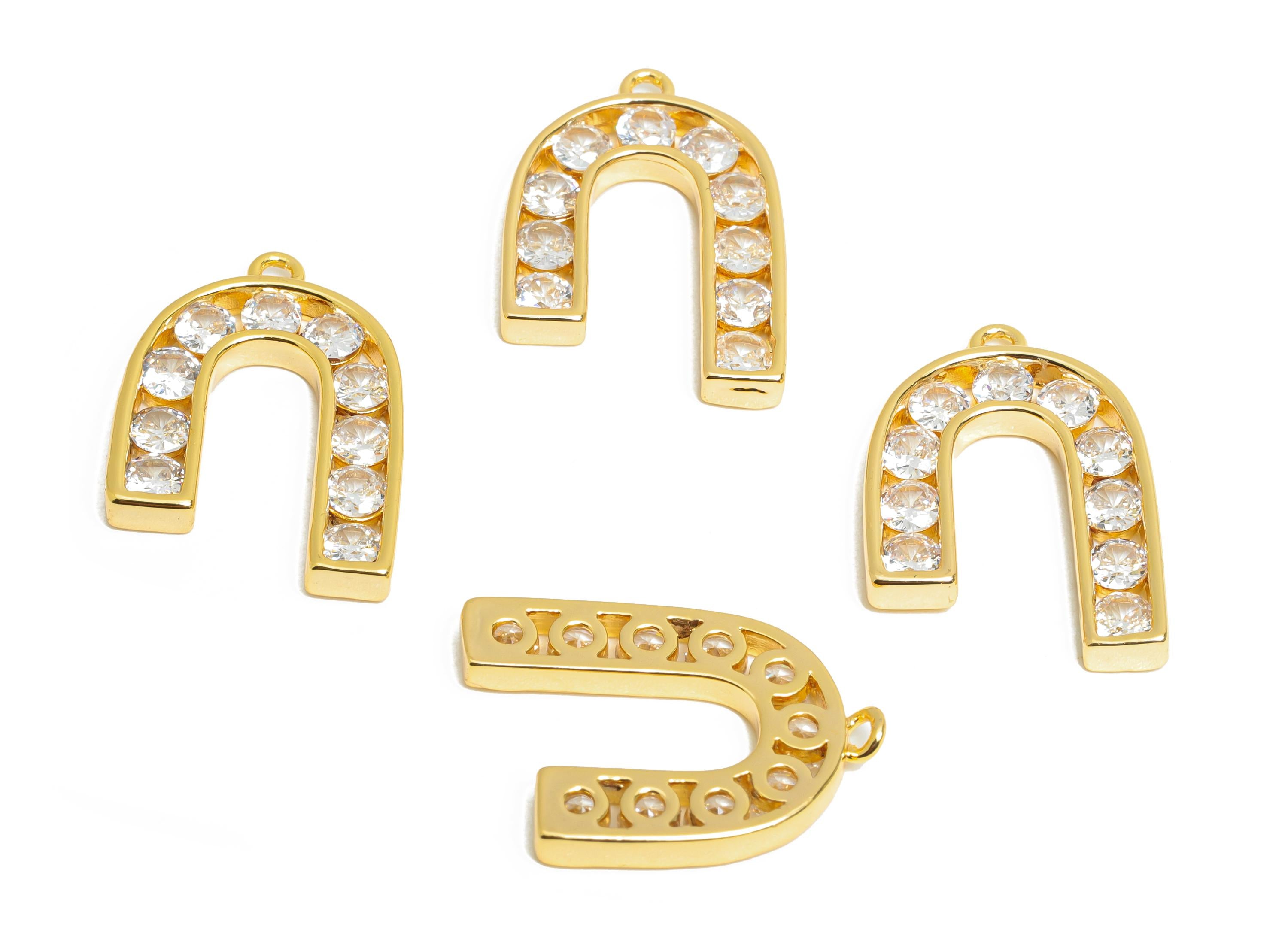 Gold Alphabet Charm - Brass Dainty Horseshoe Zircon Pendant - Sparkling Initial Jewelry - 18K Real Gold Plating - 21x14x2.2mm - RGP9672 - DOMEDBAZAAR