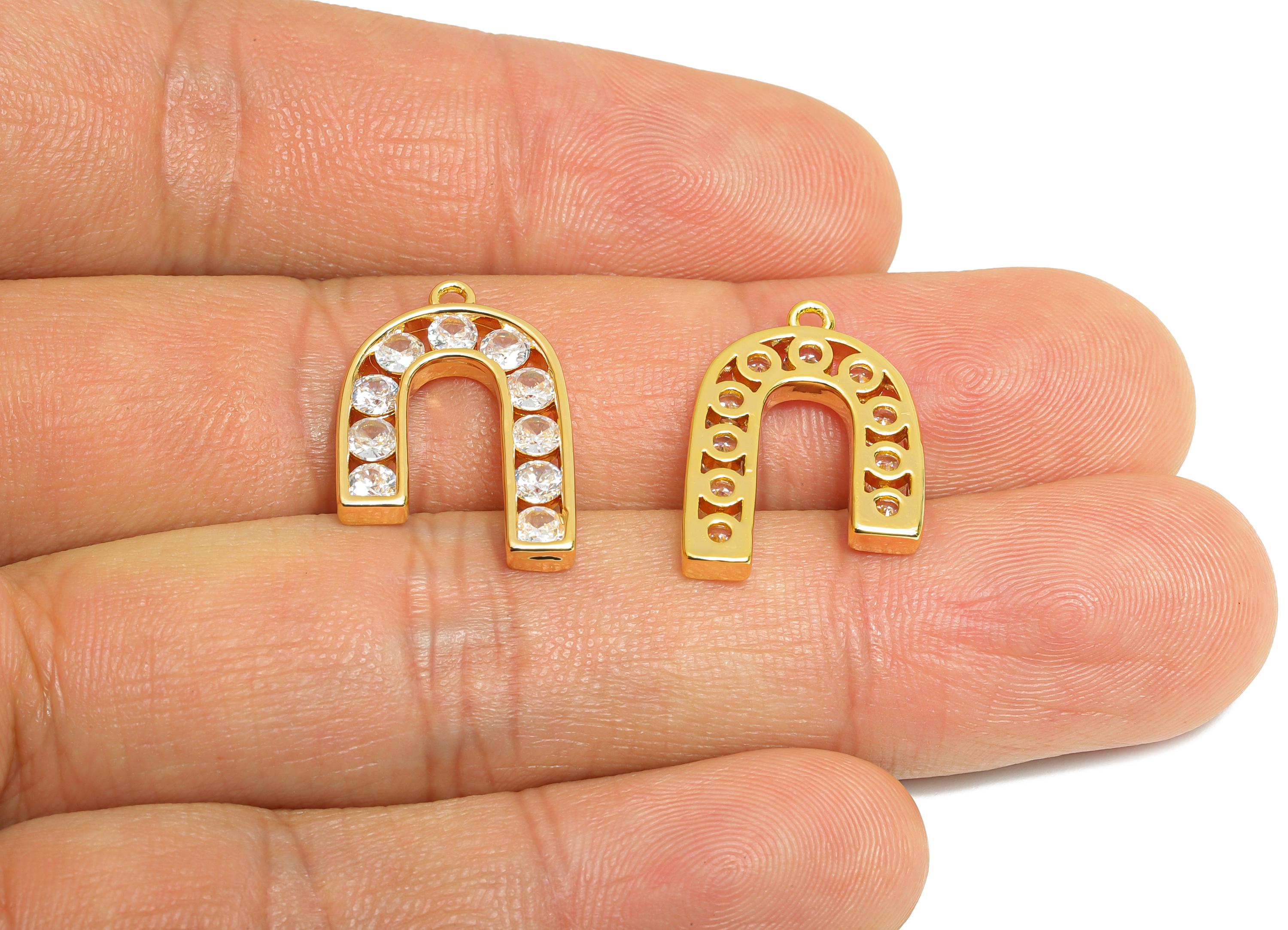 Gold Alphabet Charm - Brass Dainty Horseshoe Zircon Pendant - Sparkling Initial Jewelry - 18K Real Gold Plating - 21x14x2.2mm - RGP9672 - DOMEDBAZAAR