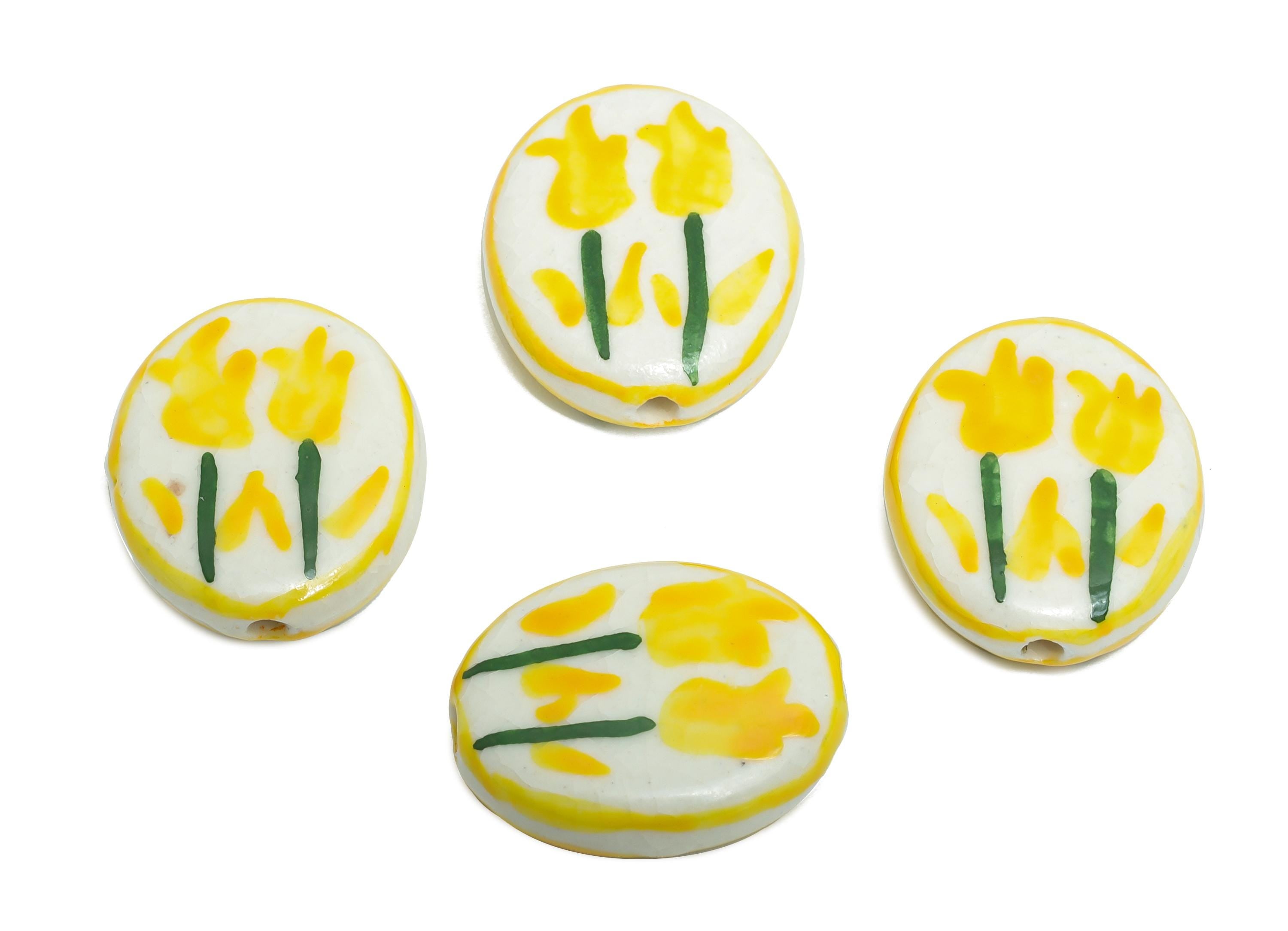 Glazed Ceramic Oval Tulip Bead - Yellow Flower Nature Ceramic Beads - Handmade Beads Connector - Jewelry DIY Bead - 19.48x16.1x5mm -NS2848E - DOMEDBAZAAR