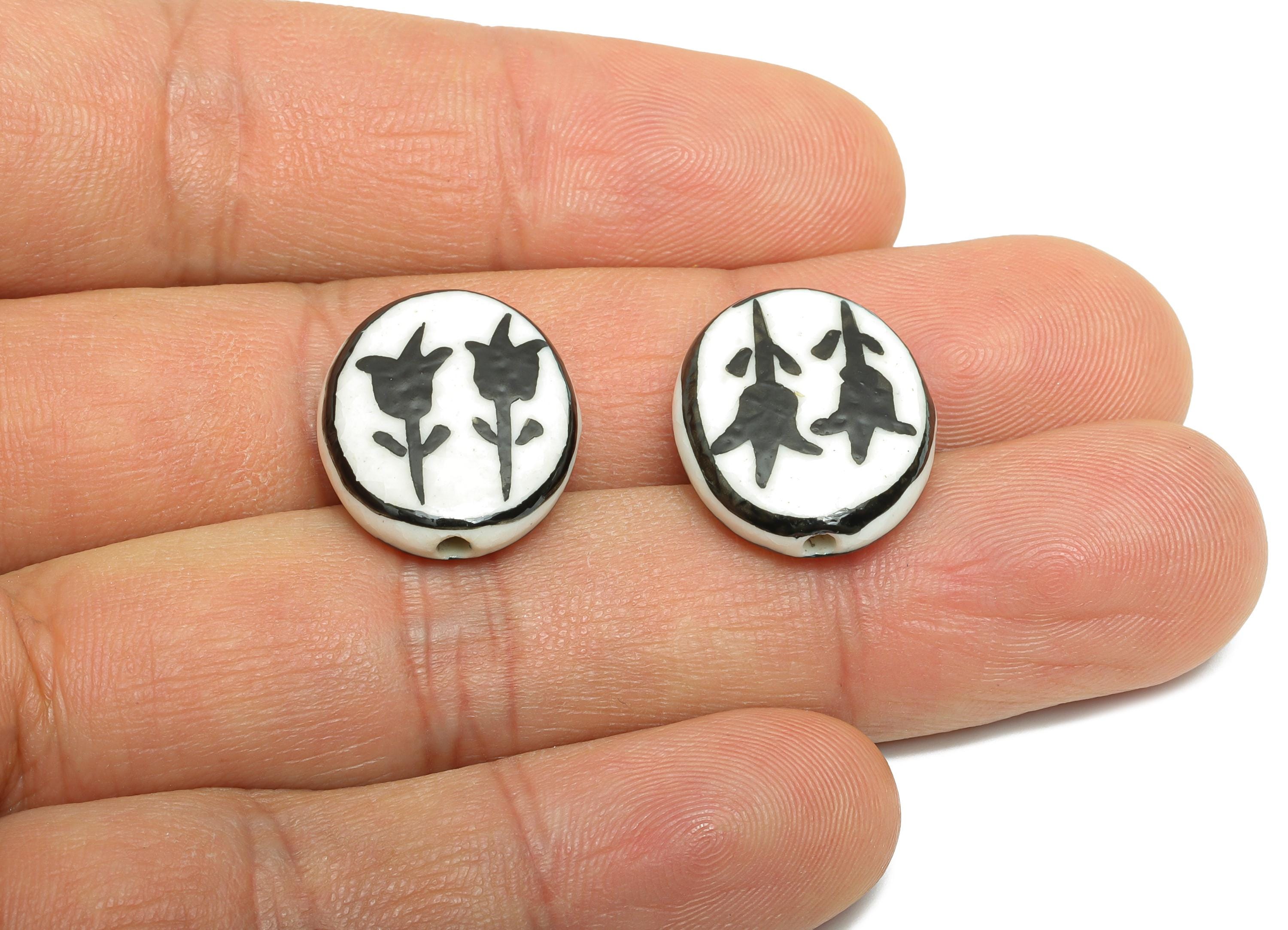 Glazed Ceramic Oval Tulip Bead - Black Flower Nature Ceramic Beads - Handmade Beads Connector - Jewelry DIY Bead - 19.67x16x5.36mm -NS2848F - DOMEDBAZAAR