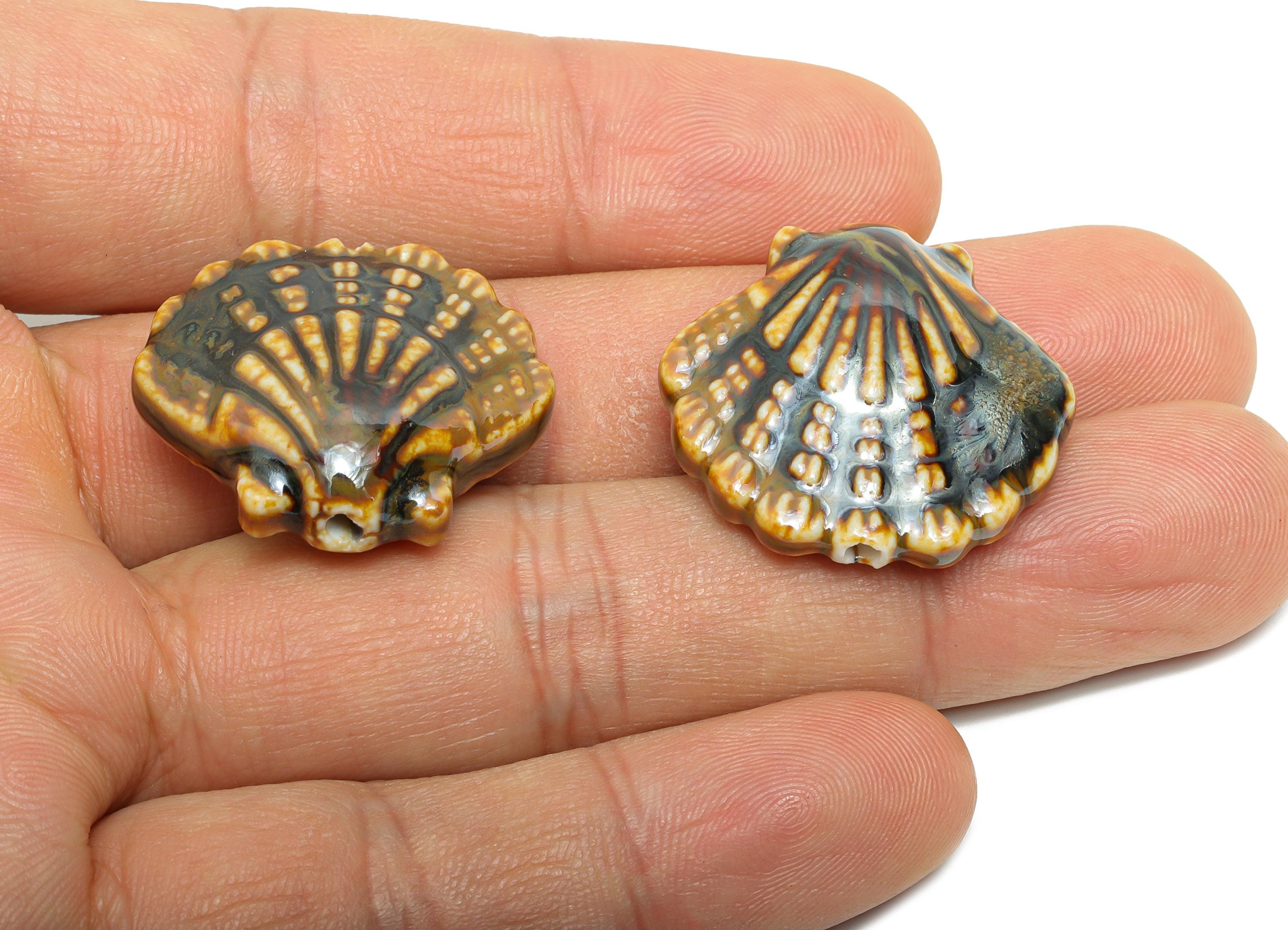 Ceramic Seashell Bead - Textured Handmade Bead - Bohemian Beach-Themed Jewelry - Handmade Bead for Jewelry Making - 25x27x10mm - NS2859B - DOMEDBAZAAR