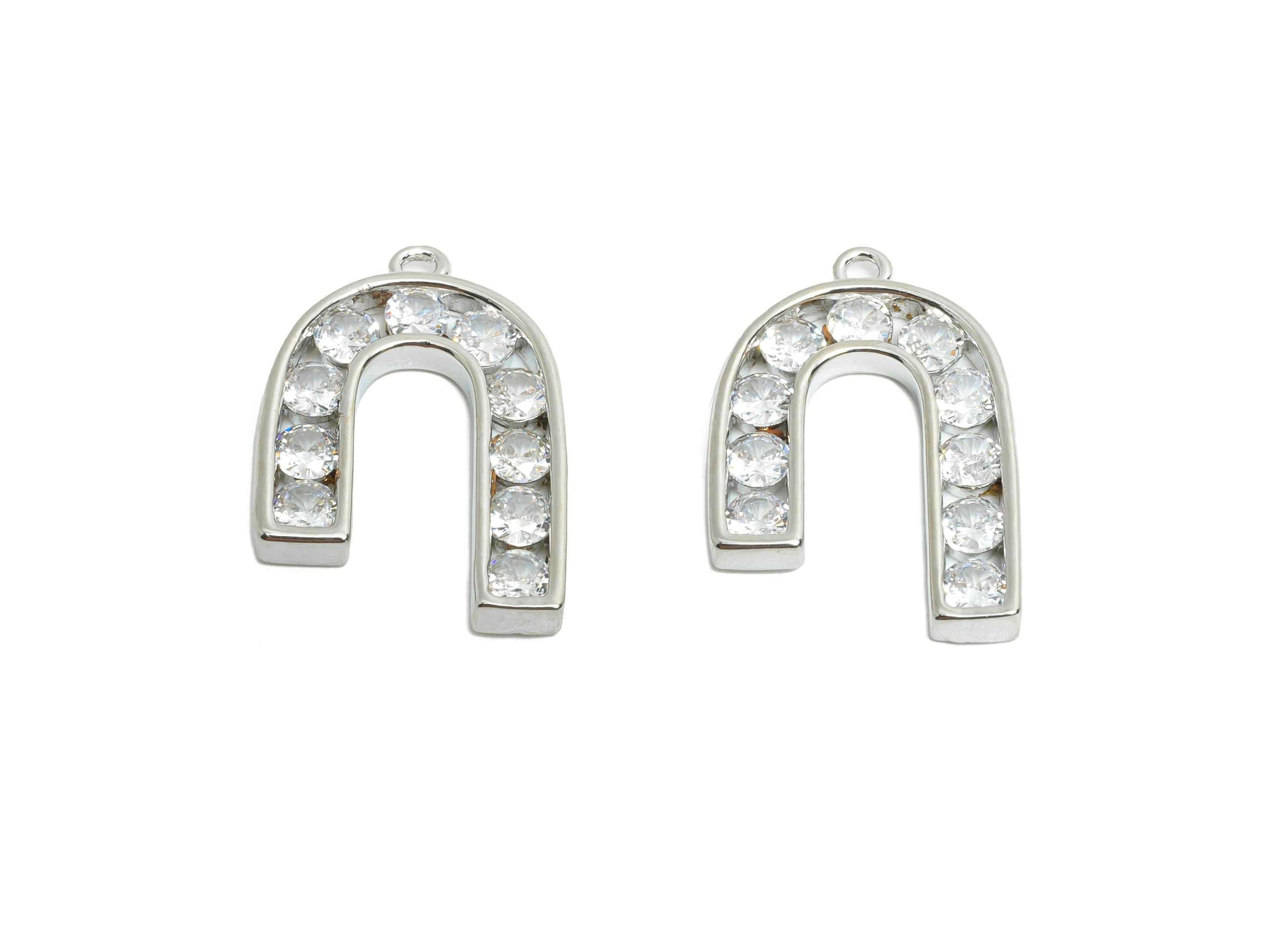 Silver Alphabet Charm - Brass Dainty Horseshoe Zircon Pendant - Sparkling Initial Jewelry - 18K Real White Gold Plated - 21x14x2mm -RGP9672S - DOMEDBAZAAR