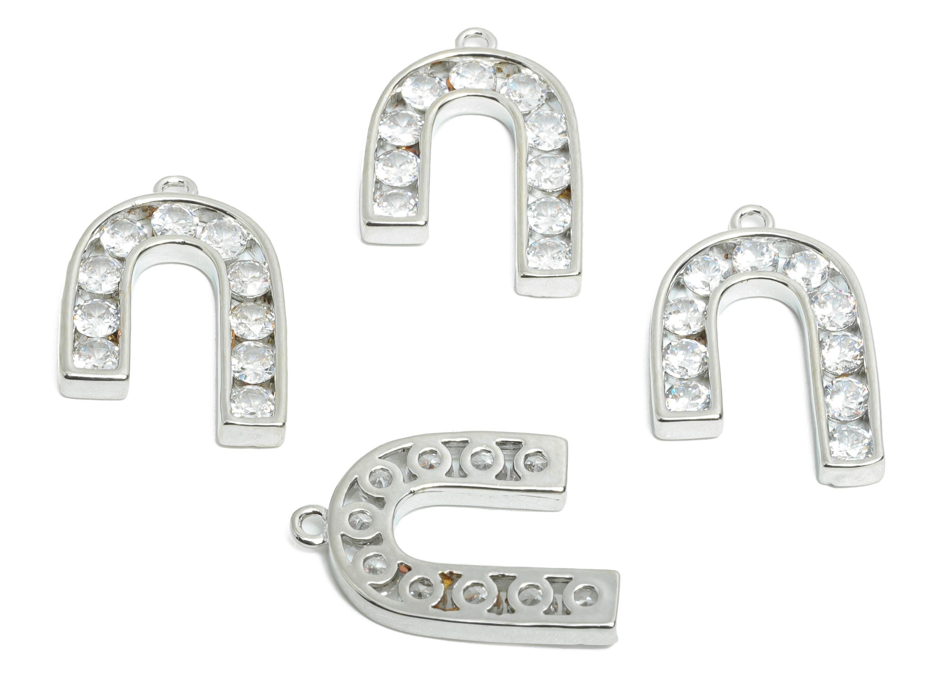 Silver Alphabet Charm - Brass Dainty Horseshoe Zircon Pendant - Sparkling Initial Jewelry - 18K Real White Gold Plated - 21x14x2mm -RGP9672S - DOMEDBAZAAR