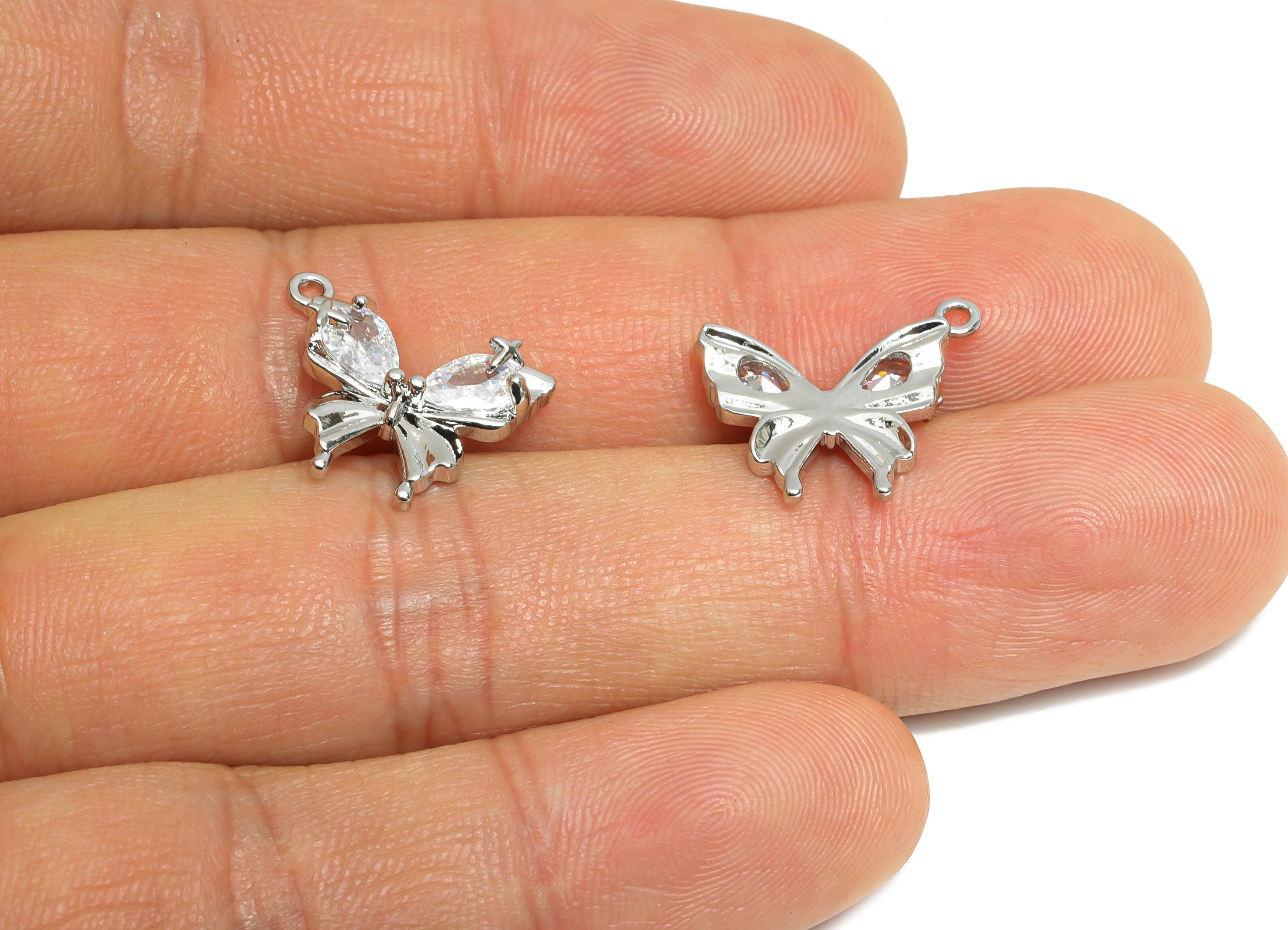 Brass Butterfly Pendant - Brass Dainty Teardrop Zircon Pendant - Modern Butterfly Charm - 18K Real White Gold Plated - 16x13x3mm - RGP9675S - DOMEDBAZAAR