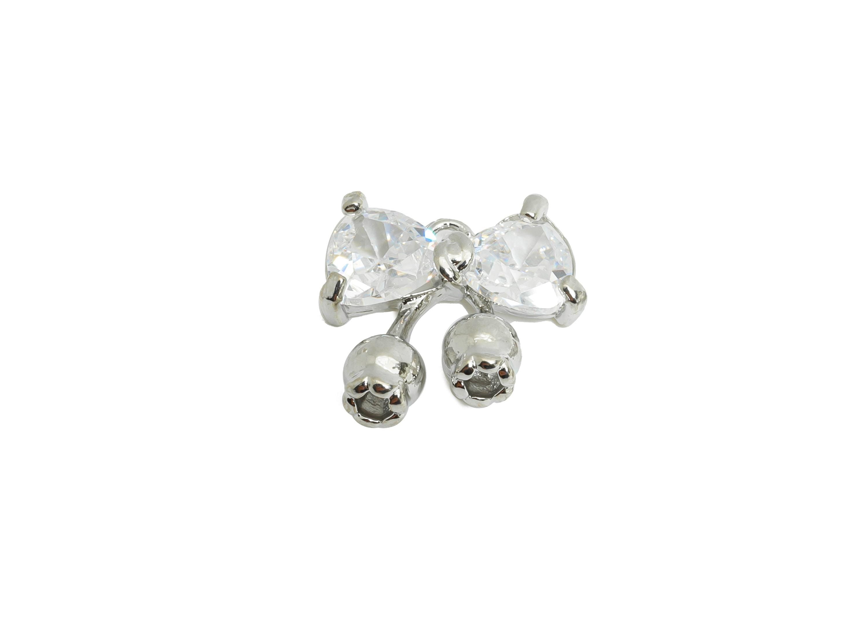 Brass Luxury Bow Pendant - Brass Dainty Butterfly Bow Zircon Pendant - Modern Floral Charm - 18K Real White Gold Plated - 14x13x4mm-RGP9678S - DOMEDBAZAAR