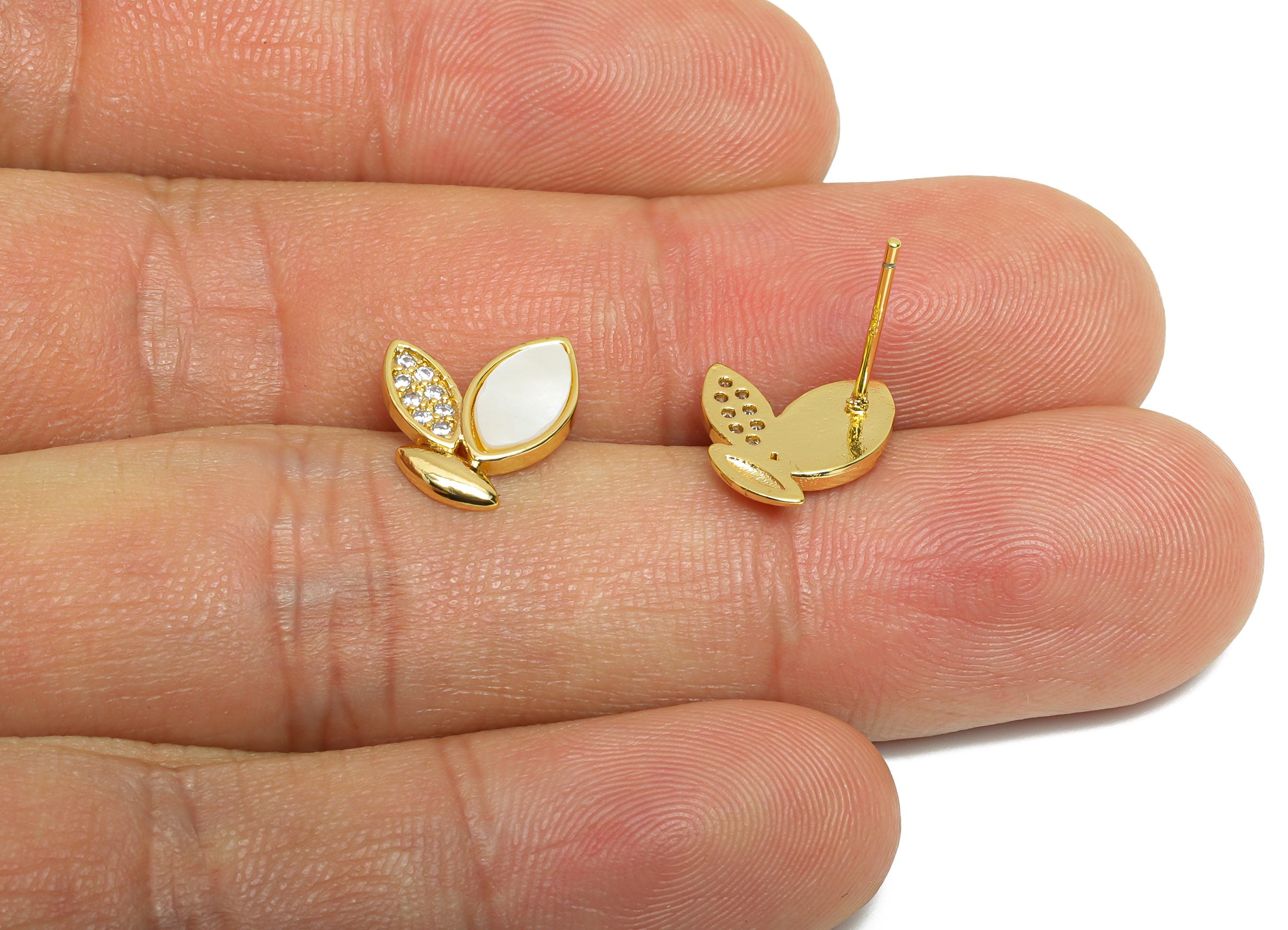 Brass CZ Heart Post - Gold Marquise Leaf Earring Stud - Sparking Seashell Earrings Stud - 18K Real Gold Plated - 12.3x10.53x0.76mm - RGP9618 - DOMEDBAZAAR
