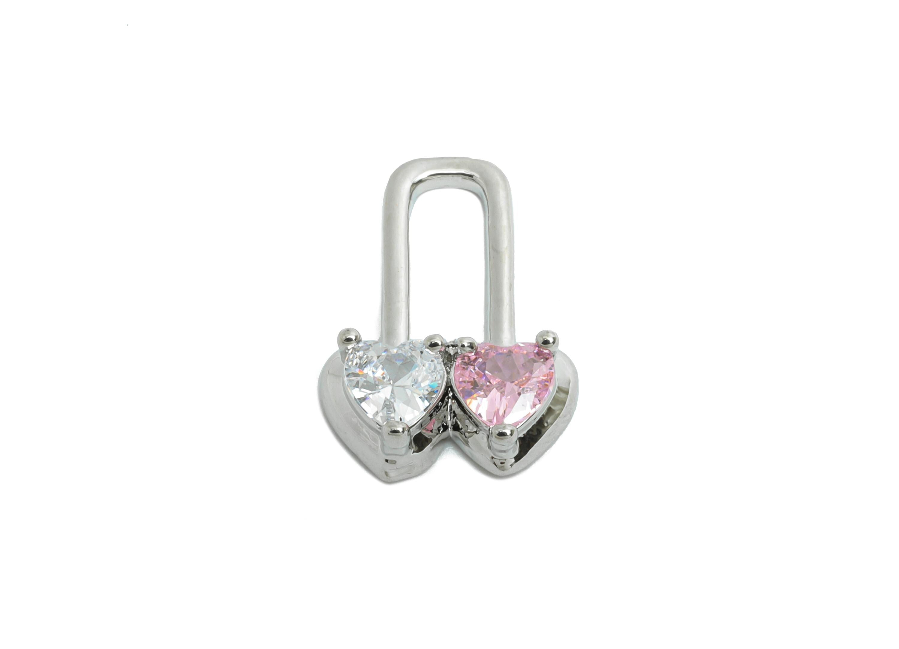 Gold Heart Lock Charm - Brass Double Heart Lock Charm - Romantic Jewelry - Love Gift Idea - 18K Real White Gold Plating - 14x10x3mm-RGP9668S - DOMEDBAZAAR