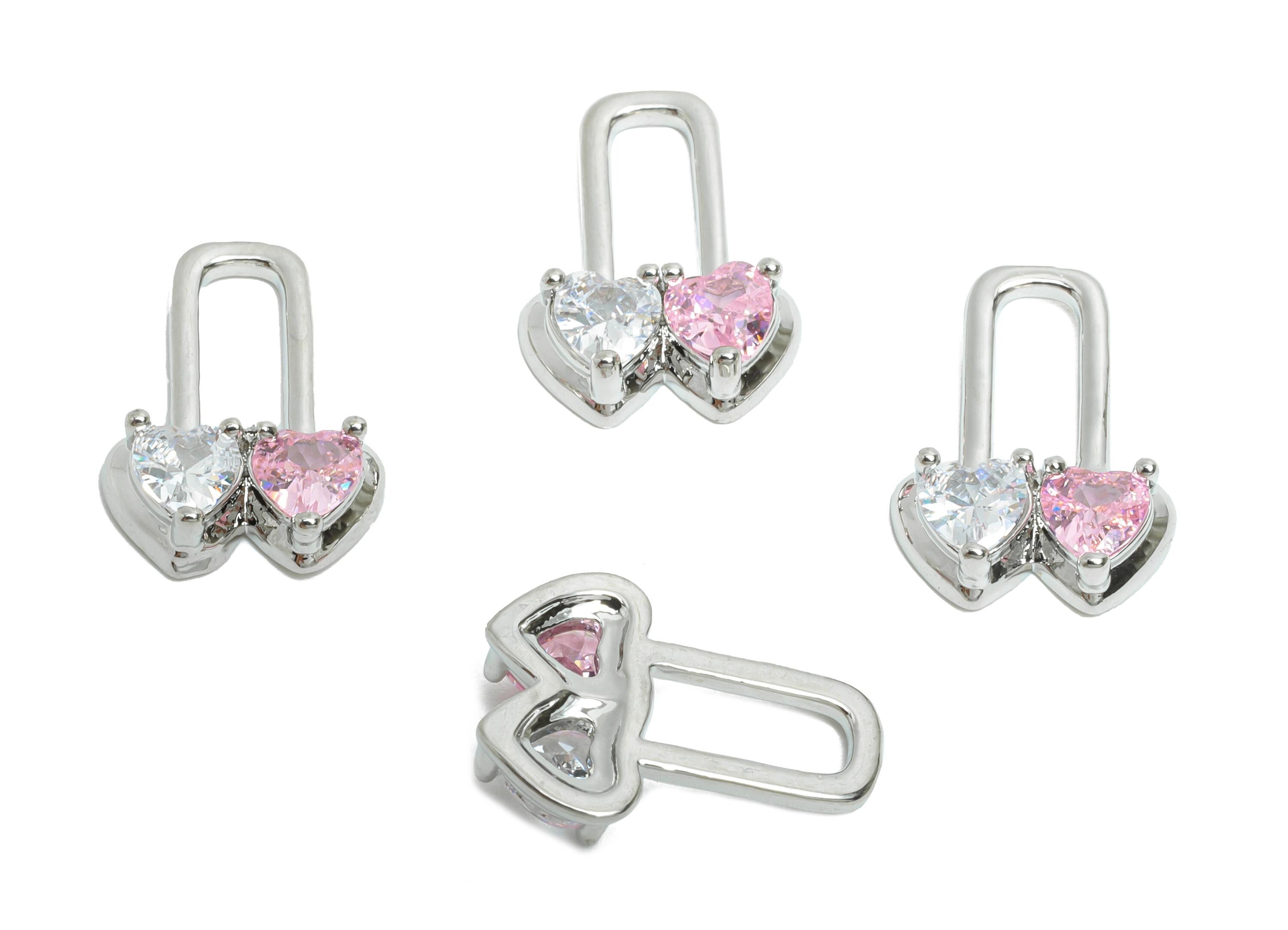 Gold Heart Lock Charm - Brass Double Heart Lock Charm - Romantic Jewelry - Love Gift Idea - 18K Real White Gold Plating - 14x10x3mm-RGP9668S - DOMEDBAZAAR