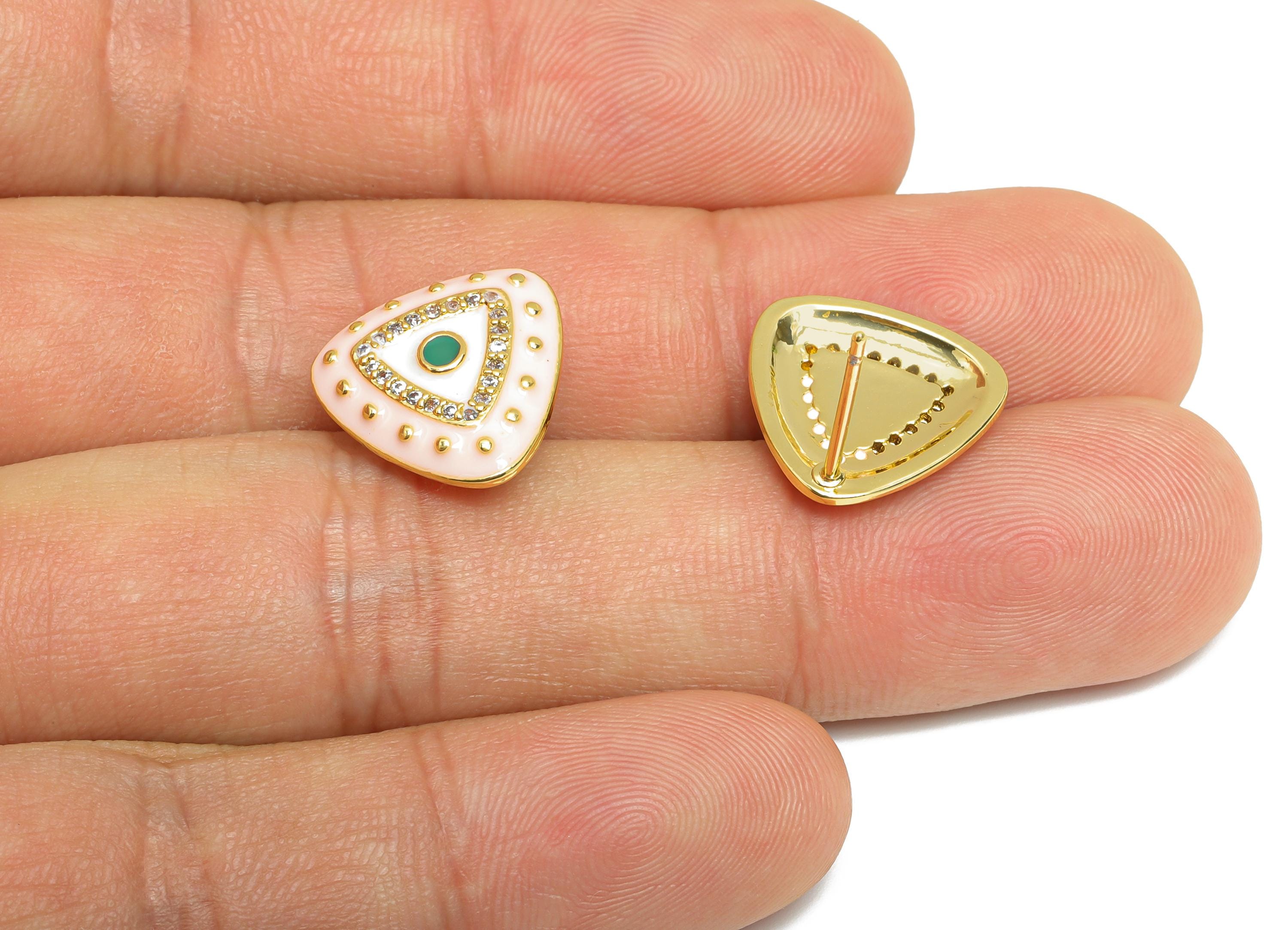Brass CZ Triangle Post - Sparkling Eye Earring Stud- Pink Refined Enamel Earring Stud - 18K Real Gold Plating - 14.5x14.5x2.8mm - RGP9555A - DOMEDBAZAAR