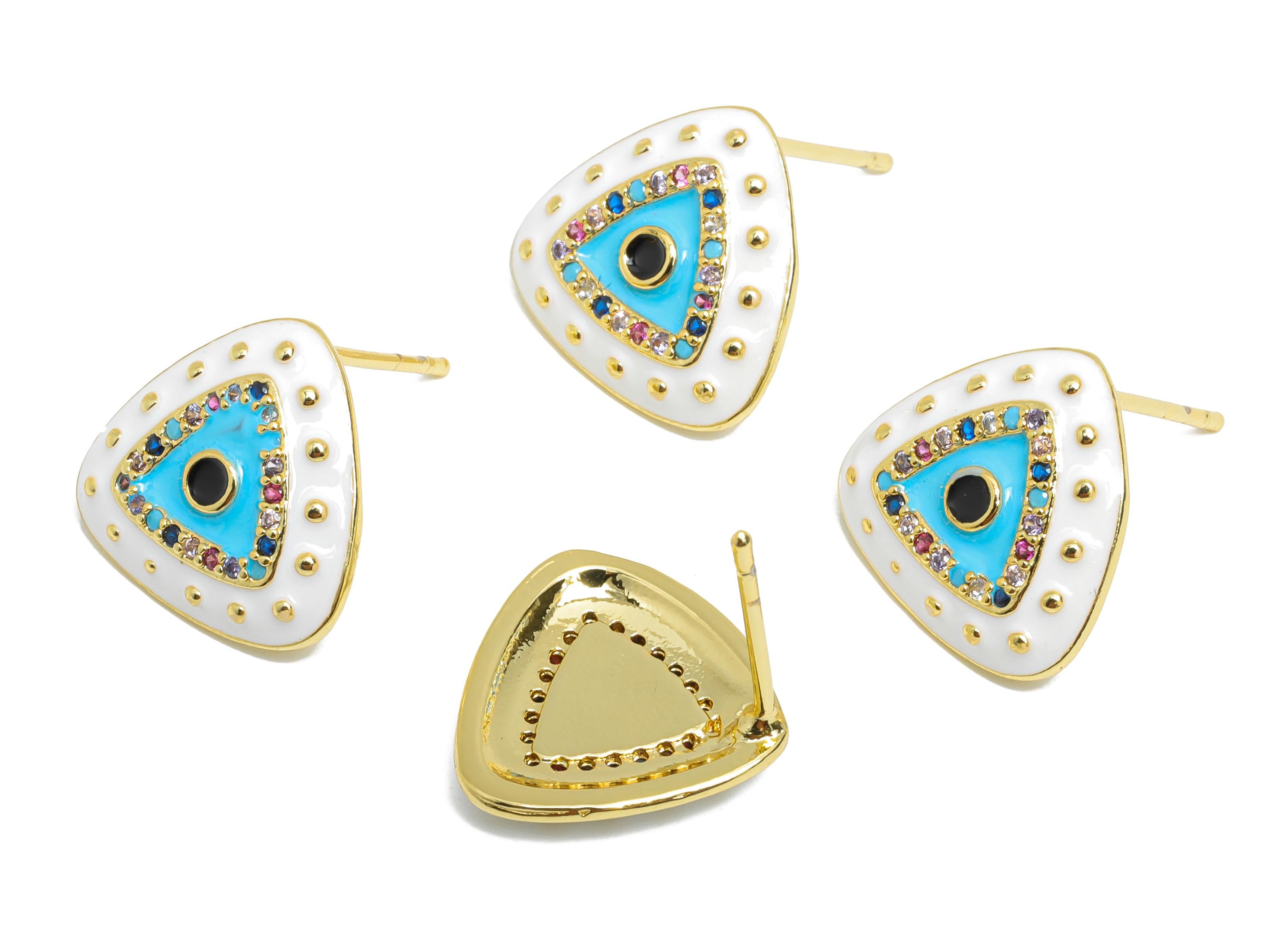 Brass CZ Triangle Post - Sparkling Eye Earring Stud- White Refined Enamel Earrings - 18K Real Gold Plated Brass -14.5x14.5x2.8mm -RGP9555B - DOMEDBAZAAR