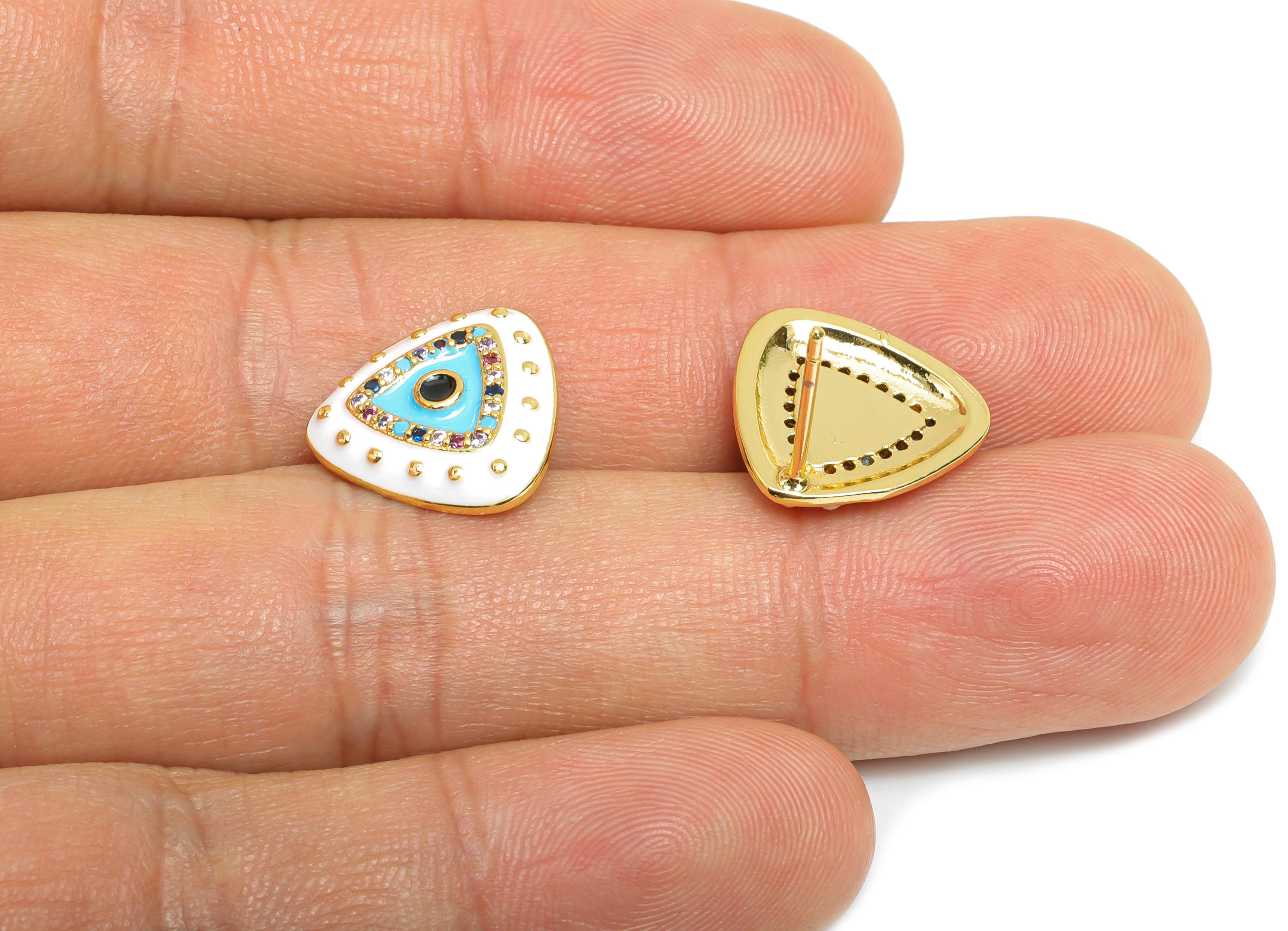 Brass CZ Triangle Post - Sparkling Eye Earring Stud- White Refined Enamel Earrings - 18K Real Gold Plated Brass -14.5x14.5x2.8mm -RGP9555B - DOMEDBAZAAR