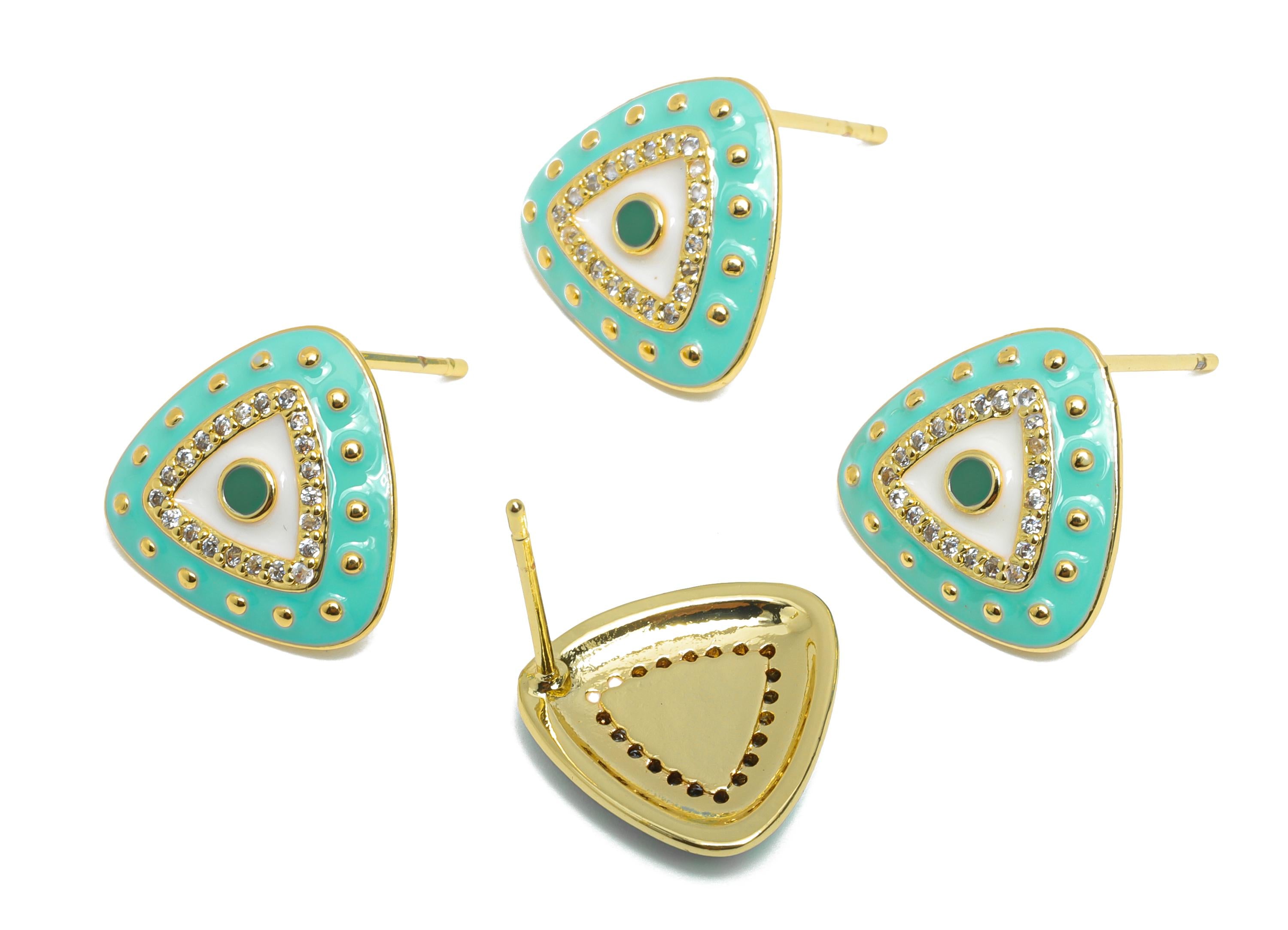 Brass CZ Triangle Stud - Sparkling Eye Earring Stud- Refined Enamel Earrings Post - 18K Real Gold Plated Brass -14.5x14.5x2.8mm - RGP9555C - DOMEDBAZAAR