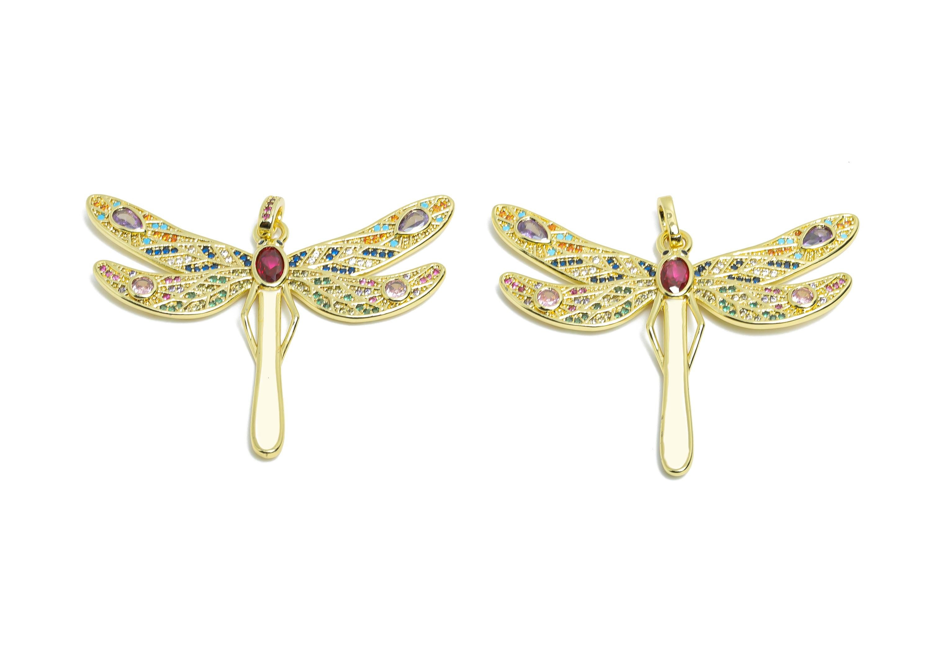 Gold Dragonfly Pendant - Brass Cubic Zircon Earring Charm - Artistic Enamel Colorful Jewelry - 18K Real Gold Plating - 42x49x2mm - RGP9691 - DOMEDBAZAAR