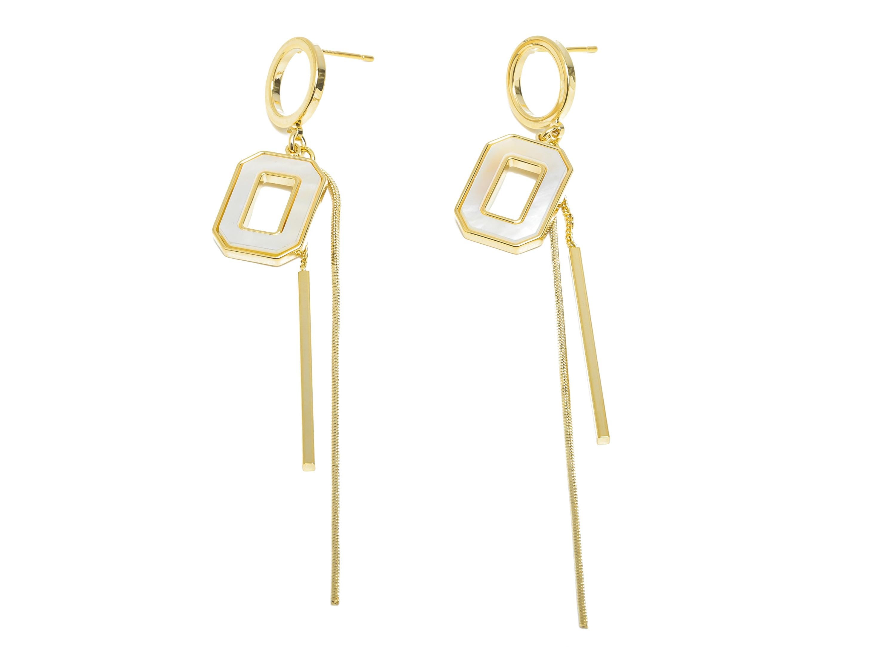Brass Dangle Tassel Stud - Gold Rectangle Bar Earring Post - Snake Chian Seashell Earring - 18K Real Gold Plated -88.59x12.27x0.74mm-RGP9594 - DOMEDBAZAAR