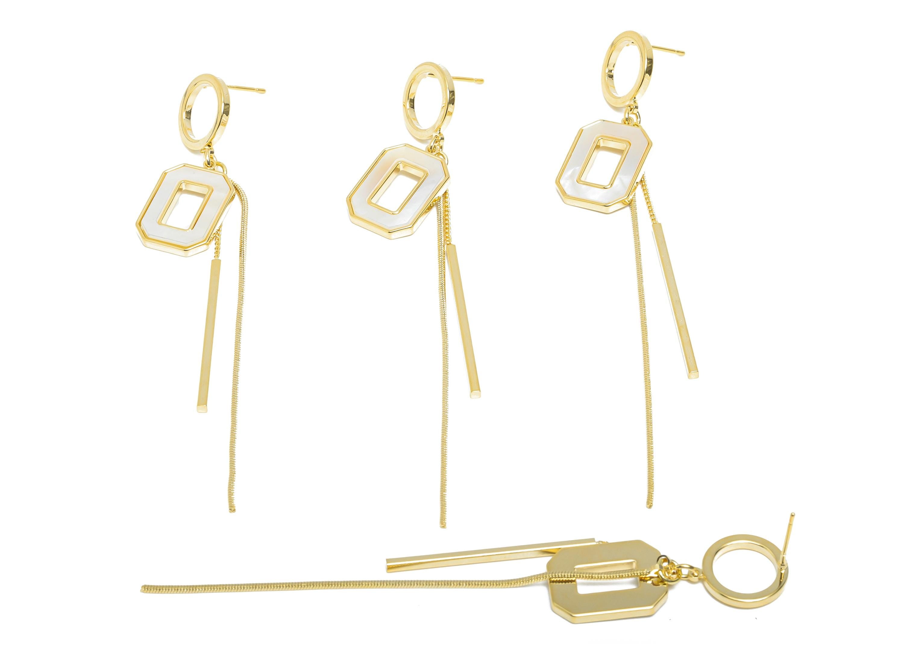 Brass Dangle Tassel Stud - Gold Rectangle Bar Earring Post - Snake Chian Seashell Earring - 18K Real Gold Plated -88.59x12.27x0.74mm-RGP9594 - DOMEDBAZAAR