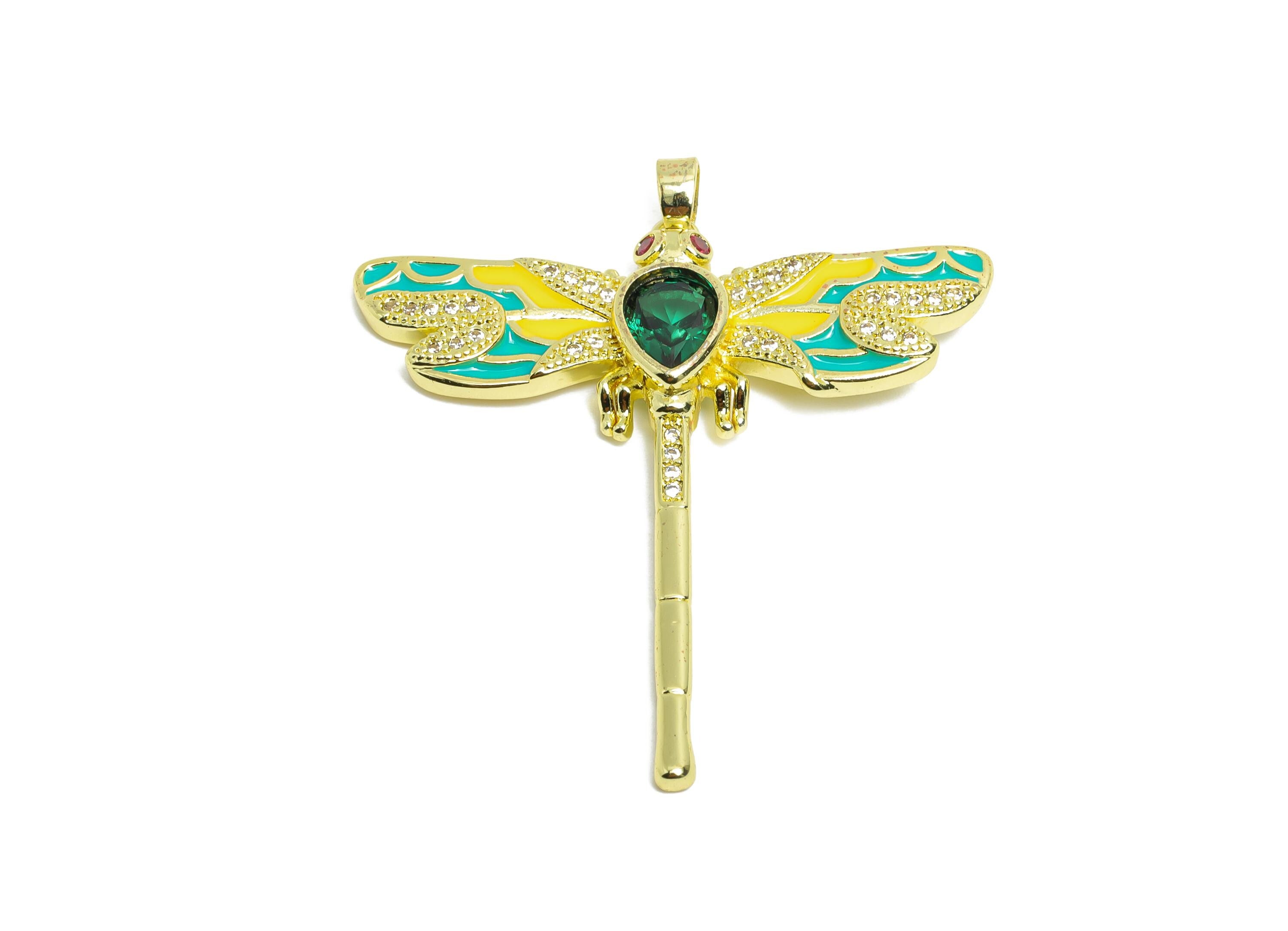 Gold Dragonfly Pendant - Brass Cubic Zircon Drop Jewelry - Artistic Enamel Colorful Jewelry - 18K Real Gold Plating - 41x39x4mm - RGP9690 - DOMEDBAZAAR