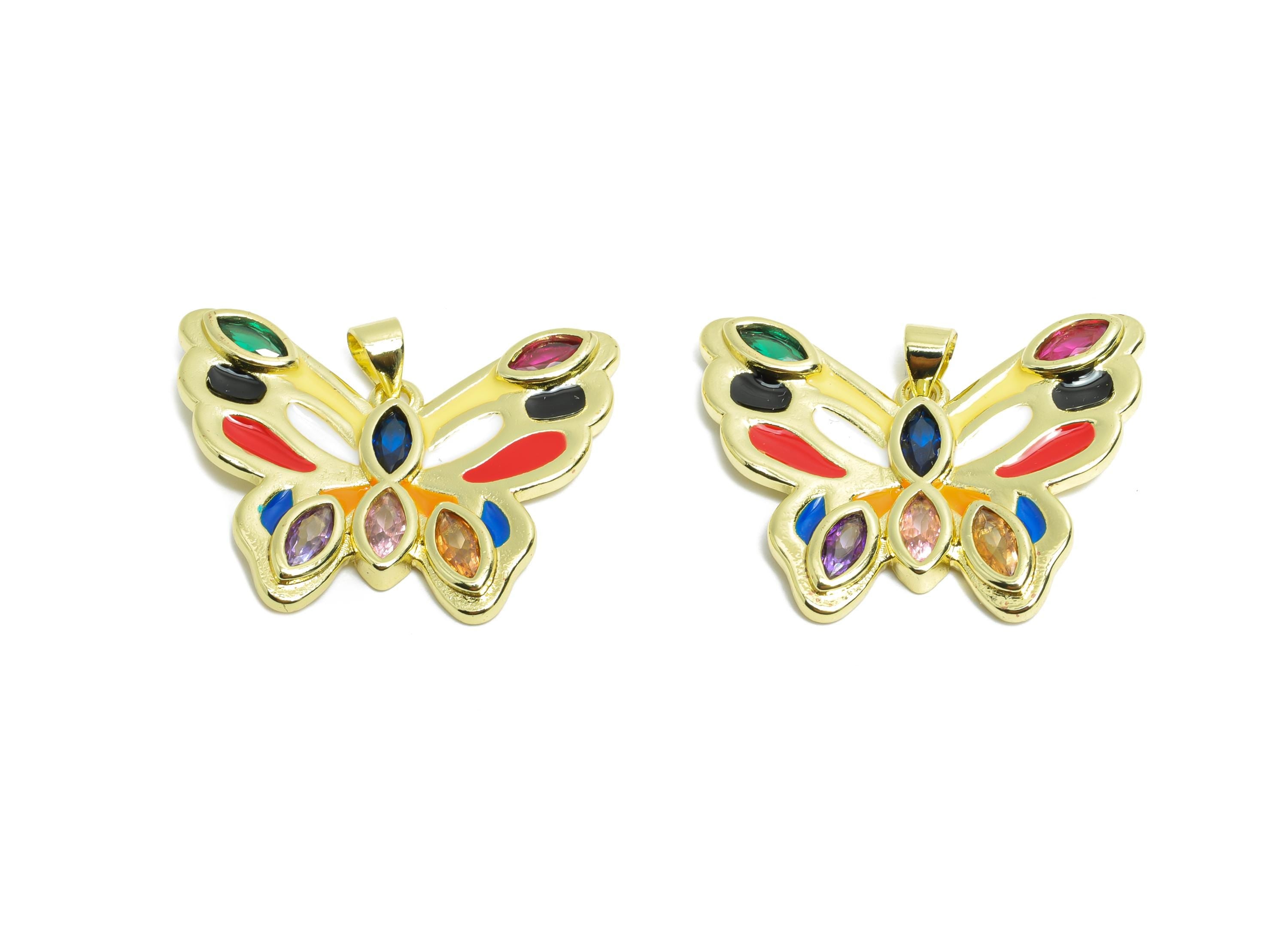 Gold Enamel Butterfly Pendant - Brass Zircon Marquise Jewelry - Artistic Enamel Colorful Jewelry - 18K Real Gold Plated - 24x32x3mm-RGP9693 - DOMEDBAZAAR