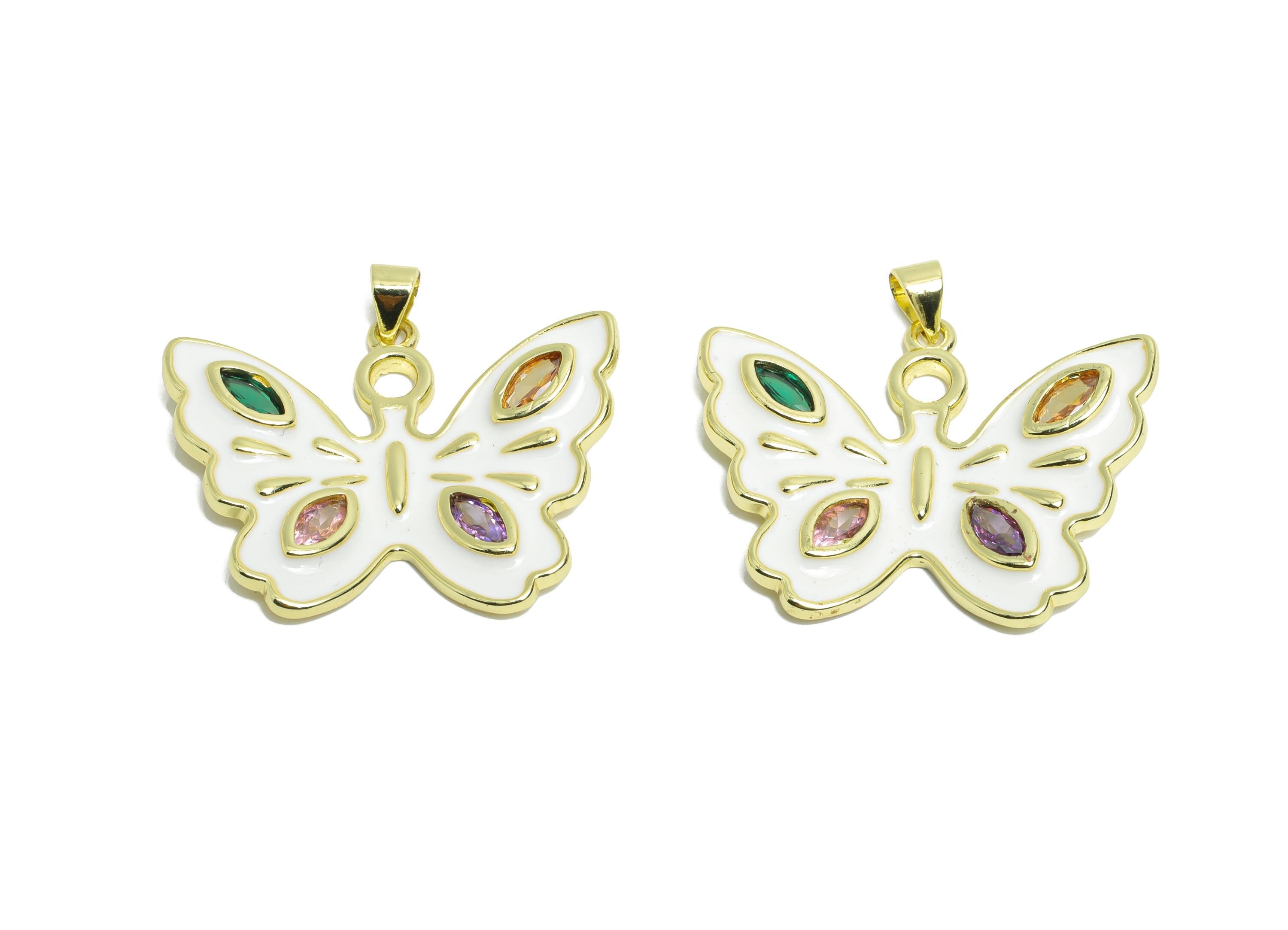 Gold Enamel Butterfly Pendant - Brass Zircon Marquise Jewelry - Artistic Enamel Colorful Jewelry - 18K Real Gold Plated - 27x33x5mm-RGP9694 - DOMEDBAZAAR
