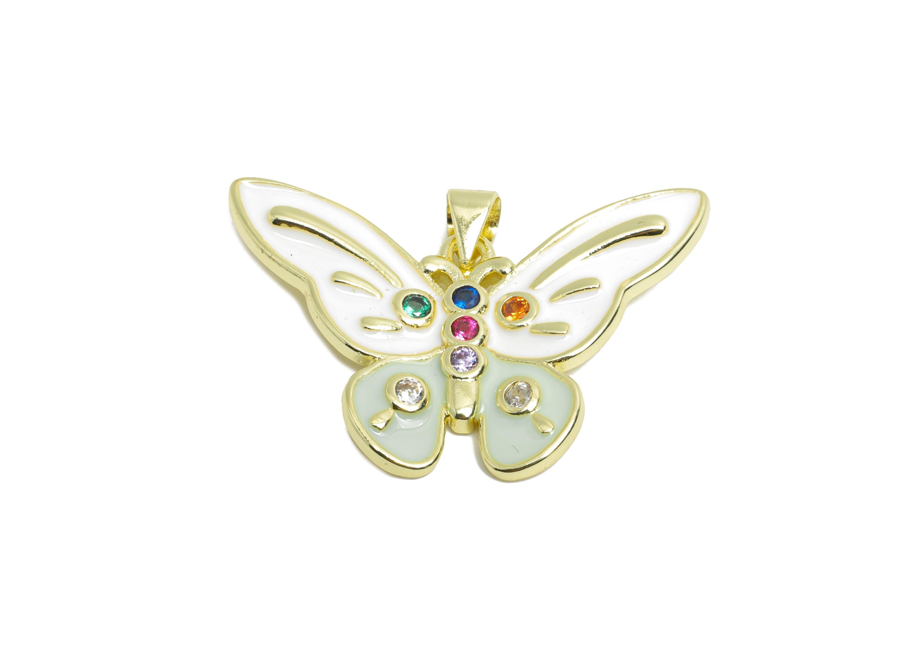 Gold Enamel Butterfly Pendant - Brass Luxury Zircon Whimsical Jewelry - Artistic Colorful Jewelry - 18K Real Gold Plated -22x32x3mm-RGP9692 - DOMEDBAZAAR