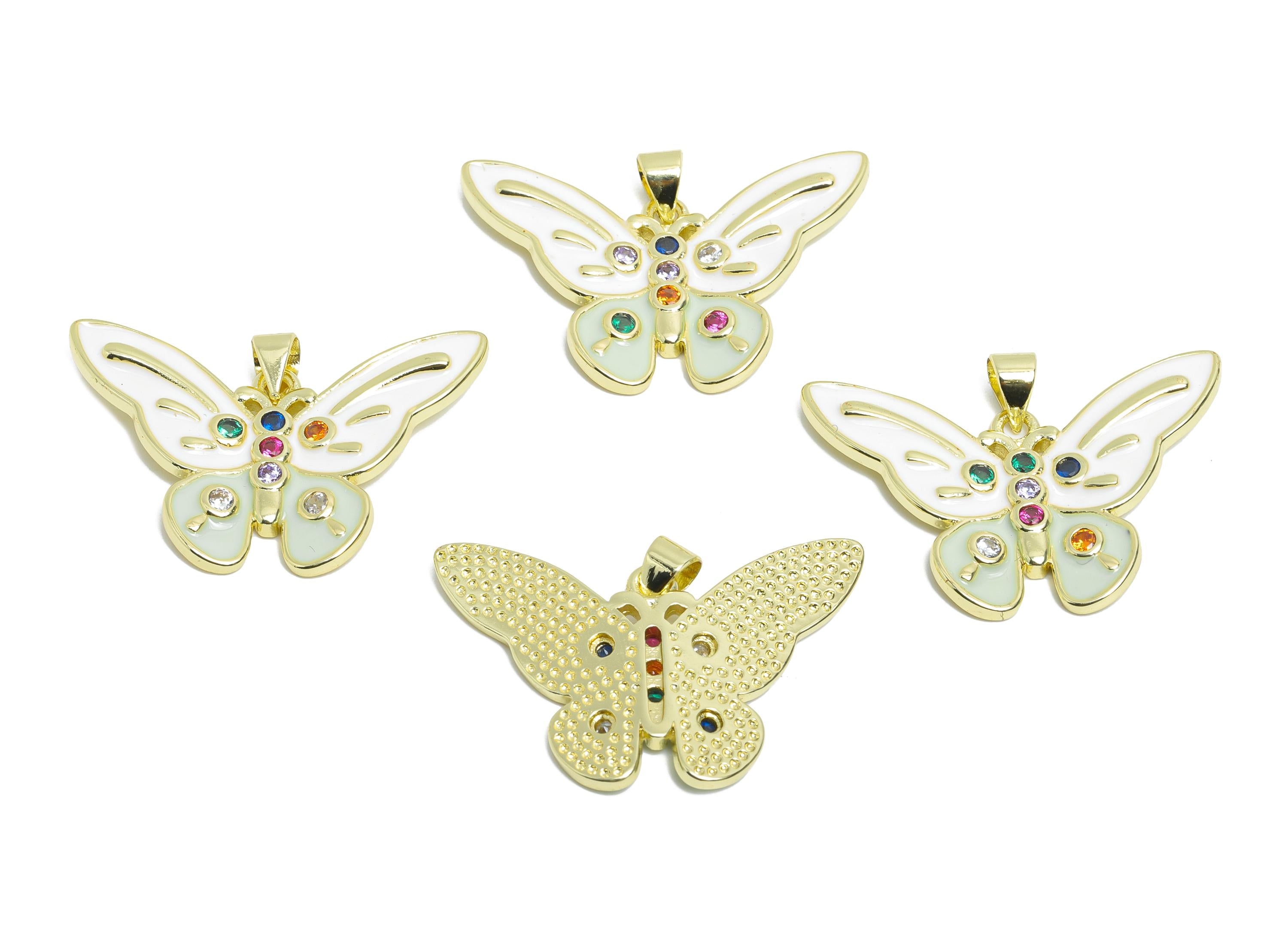 Gold Enamel Butterfly Pendant - Brass Luxury Zircon Whimsical Jewelry - Artistic Colorful Jewelry - 18K Real Gold Plated -22x32x3mm-RGP9692 - DOMEDBAZAAR
