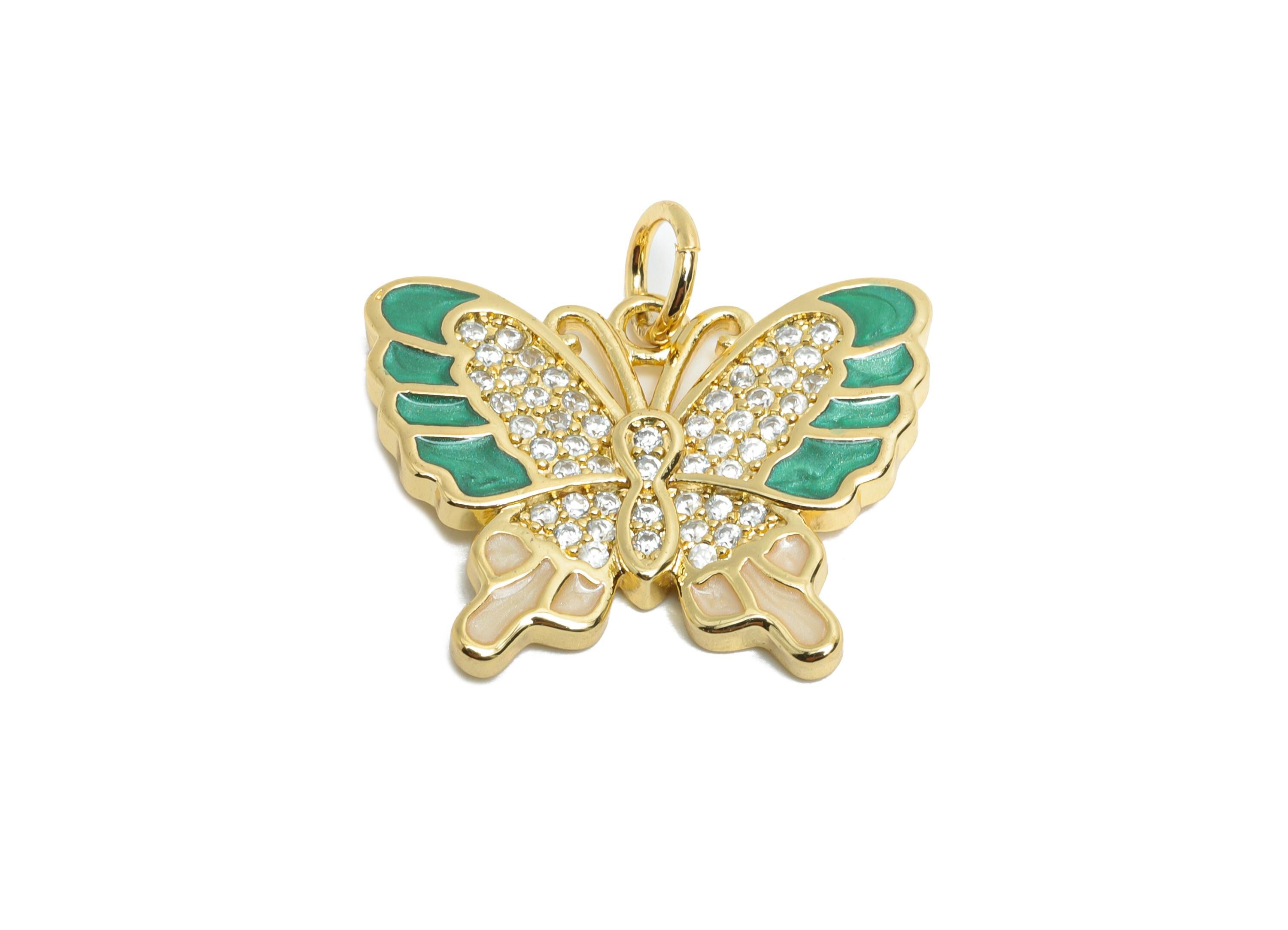 Gold Enamel Butterfly Pendant - Brass Zircon Marquise Jewelry - Handcrafted Butterfly Jewelry - 18K Real Gold Plated - 18x23x2mm - RGP9696 - DOMEDBAZAAR
