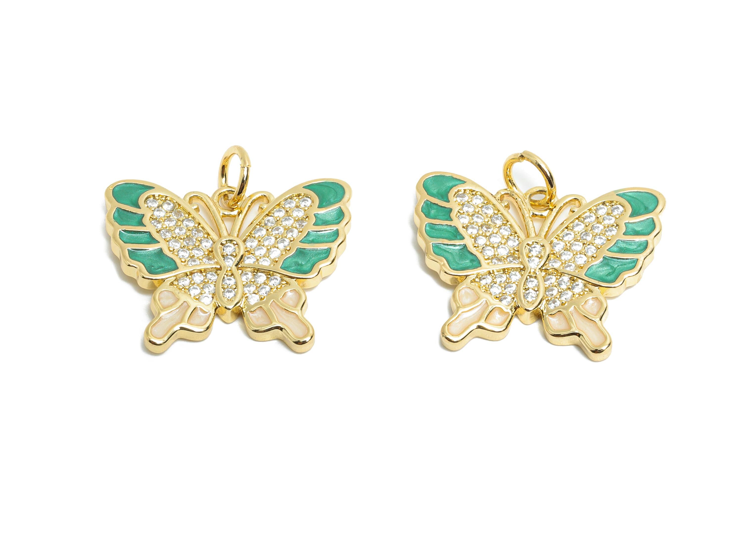 Gold Enamel Butterfly Pendant - Brass Zircon Marquise Jewelry - Handcrafted Butterfly Jewelry - 18K Real Gold Plated - 18x23x2mm - RGP9696 - DOMEDBAZAAR