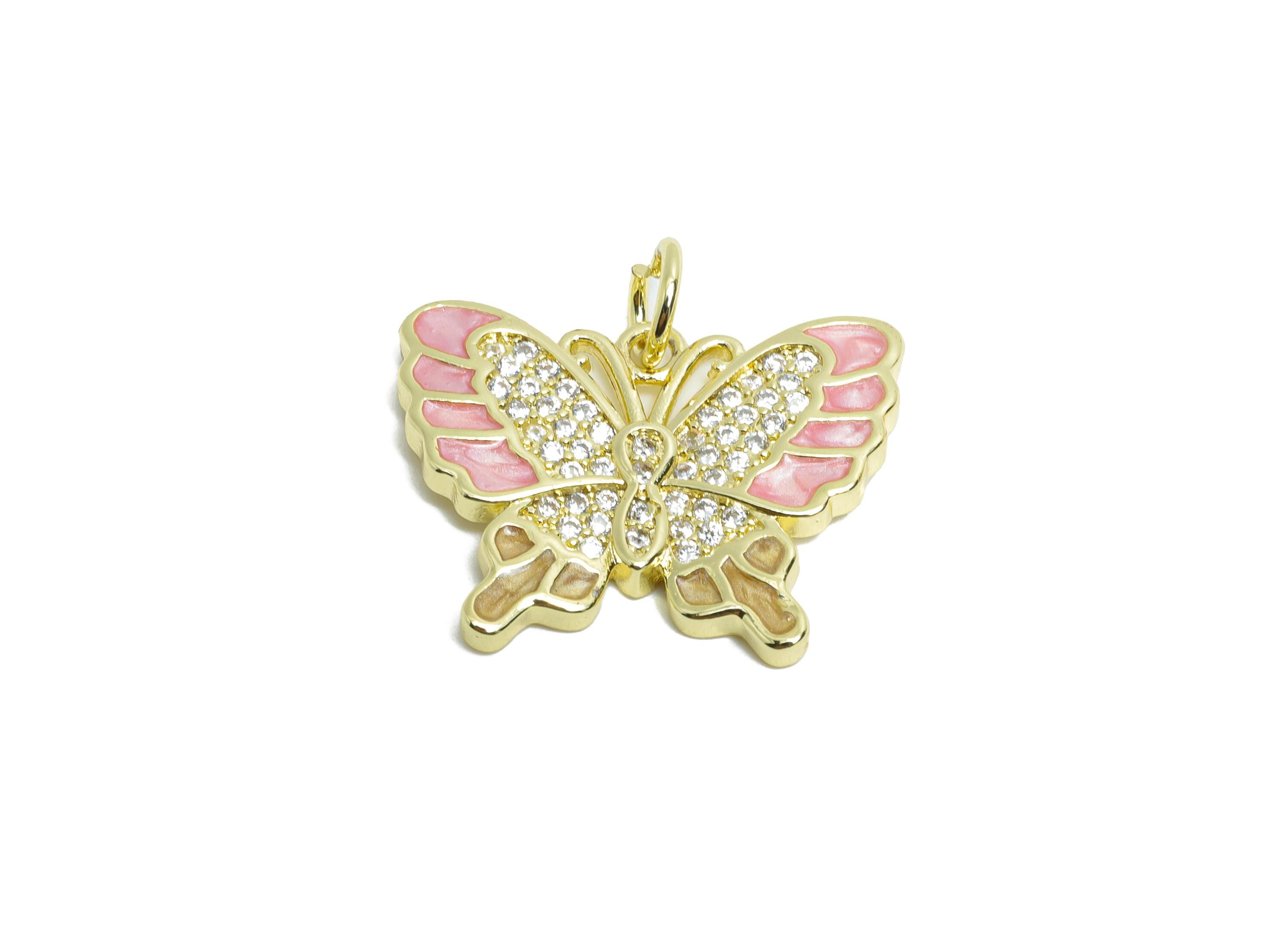 Gold Enamel Butterfly Pendant - Brass Zircon Marquise Jewelry - Handcrafted Butterfly Jewelry - 18K Real Gold Plated - 18x23x2mm - RGP9695 - DOMEDBAZAAR