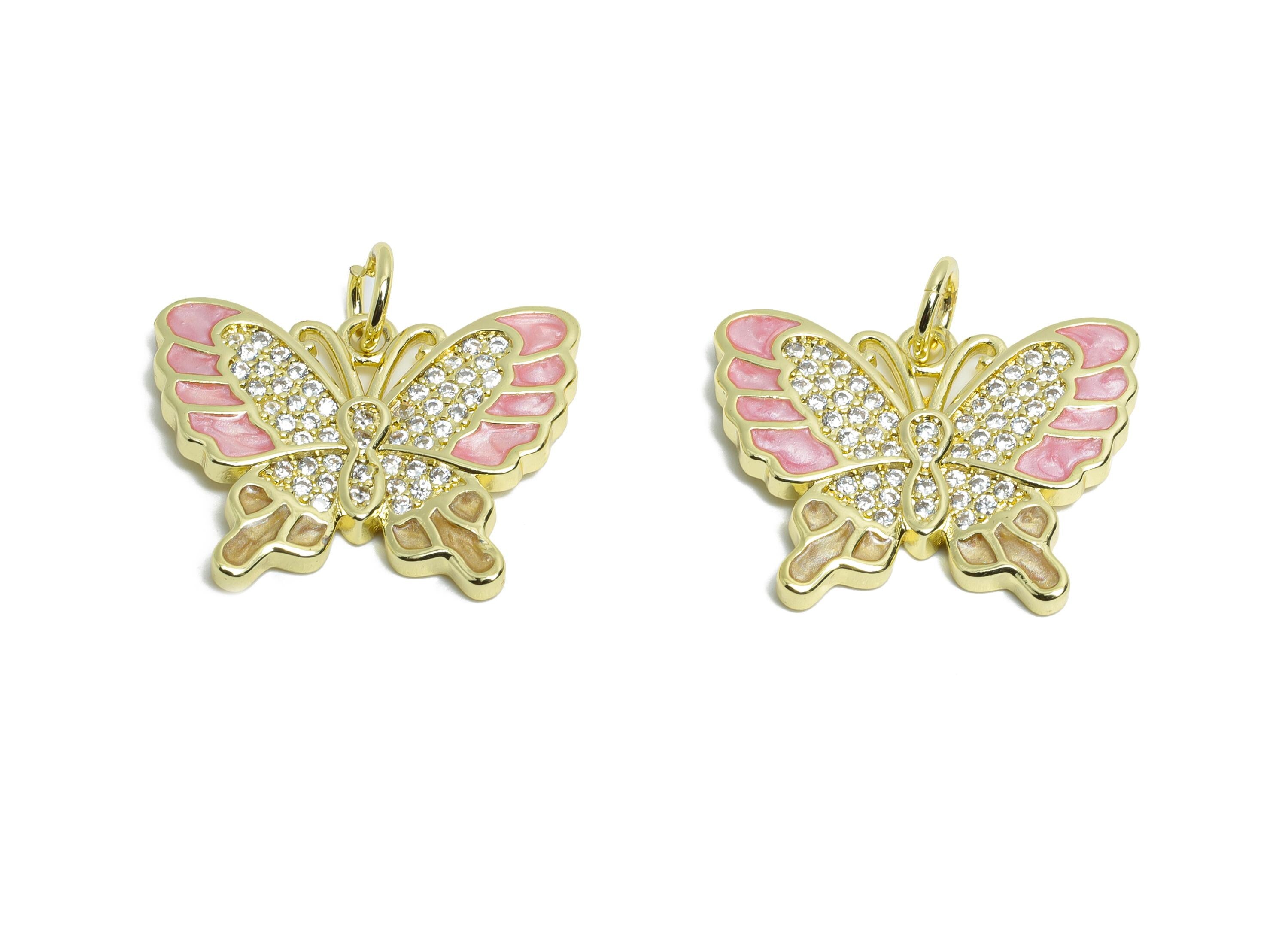 Gold Enamel Butterfly Pendant - Brass Zircon Marquise Jewelry - Handcrafted Butterfly Jewelry - 18K Real Gold Plated - 18x23x2mm - RGP9695 - DOMEDBAZAAR