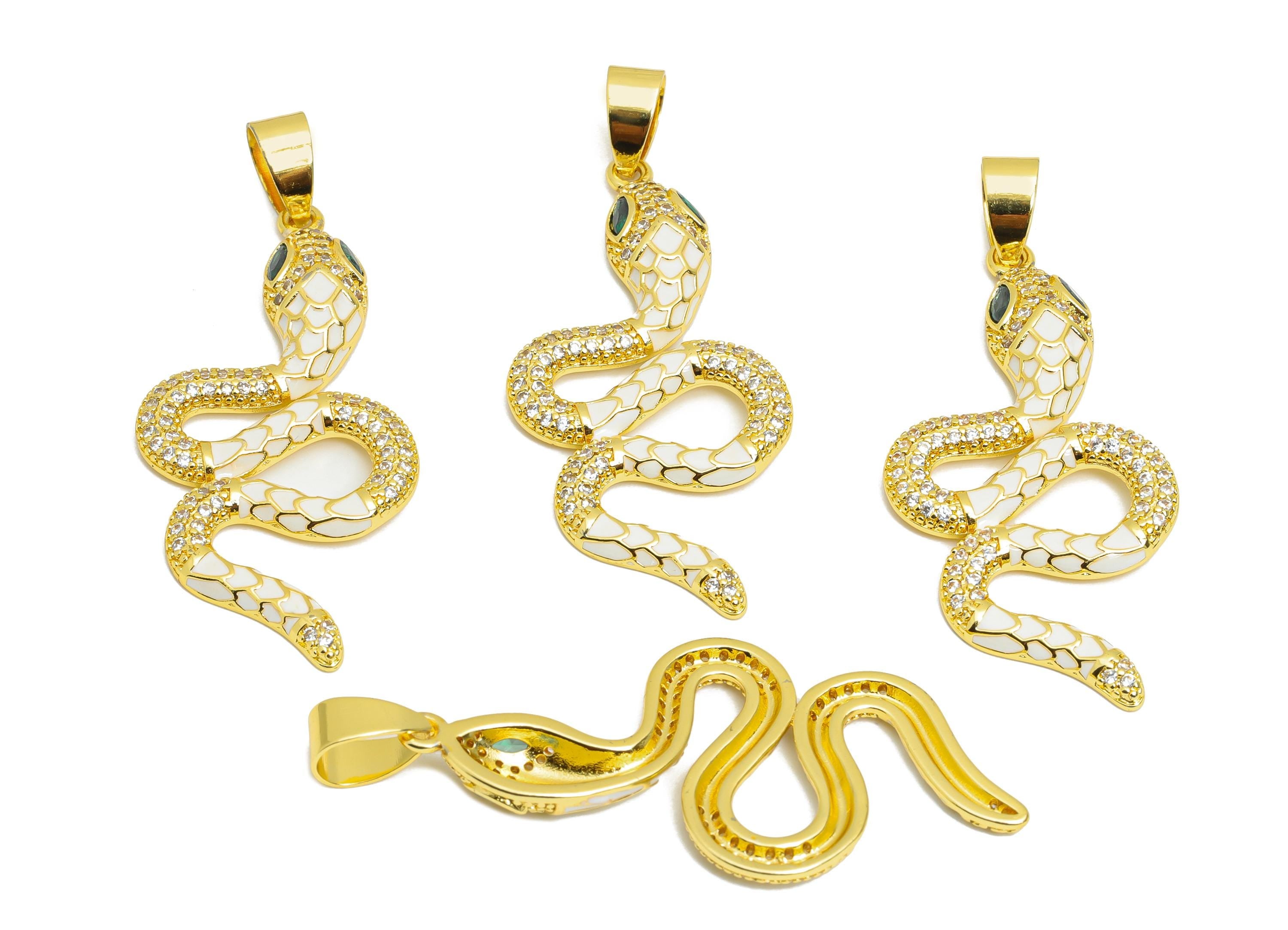 White Enamel Snake Pendant - Brass Zircon Protection Jewelry - Handcrafted Marquise Jewelry - 18K Real Gold Plated - 43x20x3mm - RGP9707 - DOMEDBAZAAR