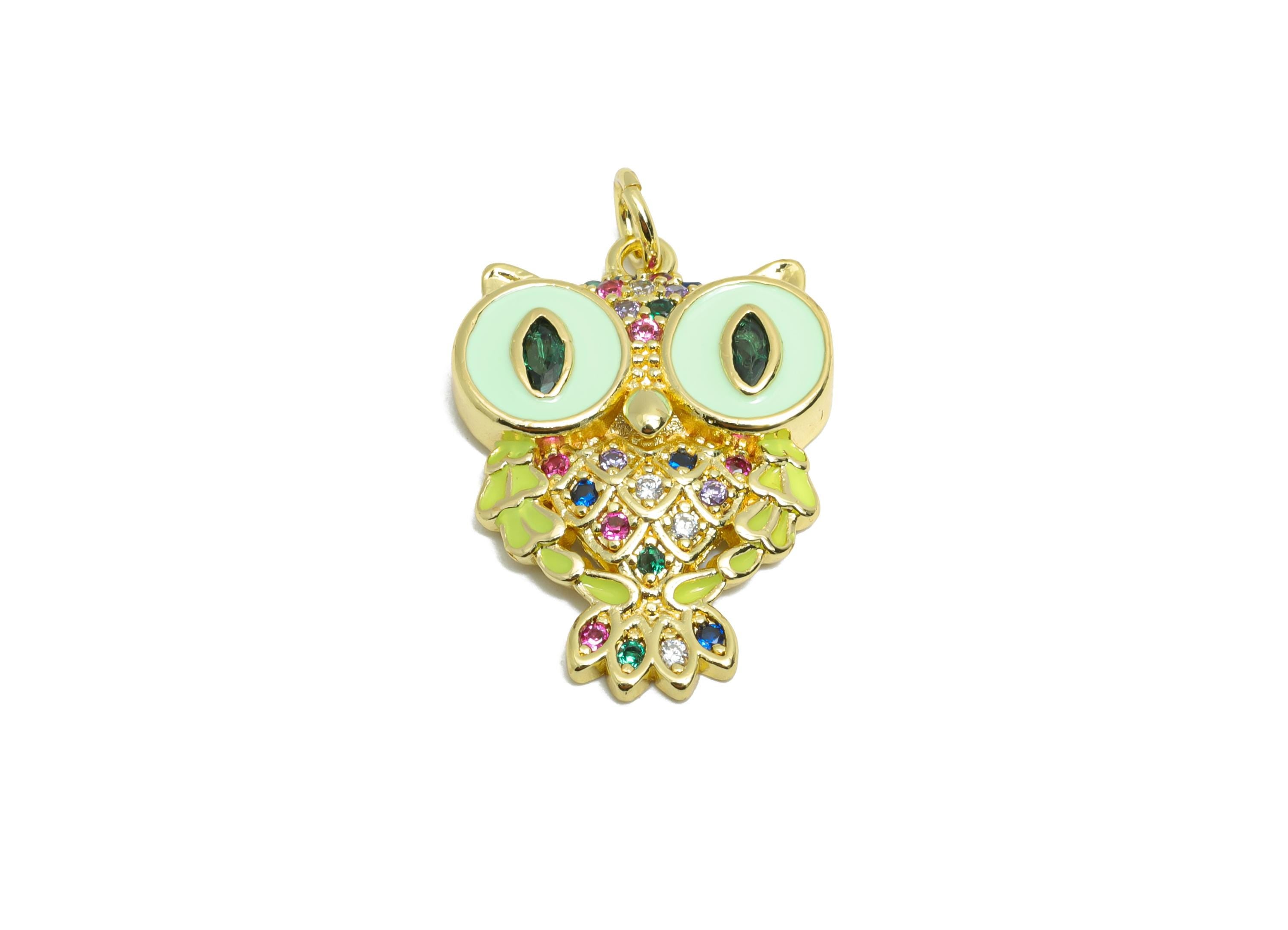 Colorful Owl Pendant - Brass Zircon Mystical Owl Jewelry - Symbol of Wisdom Jewelry - Owl Necklace - 18K Real Gold Plated -24x17x3mm-RGP9701 - DOMEDBAZAAR