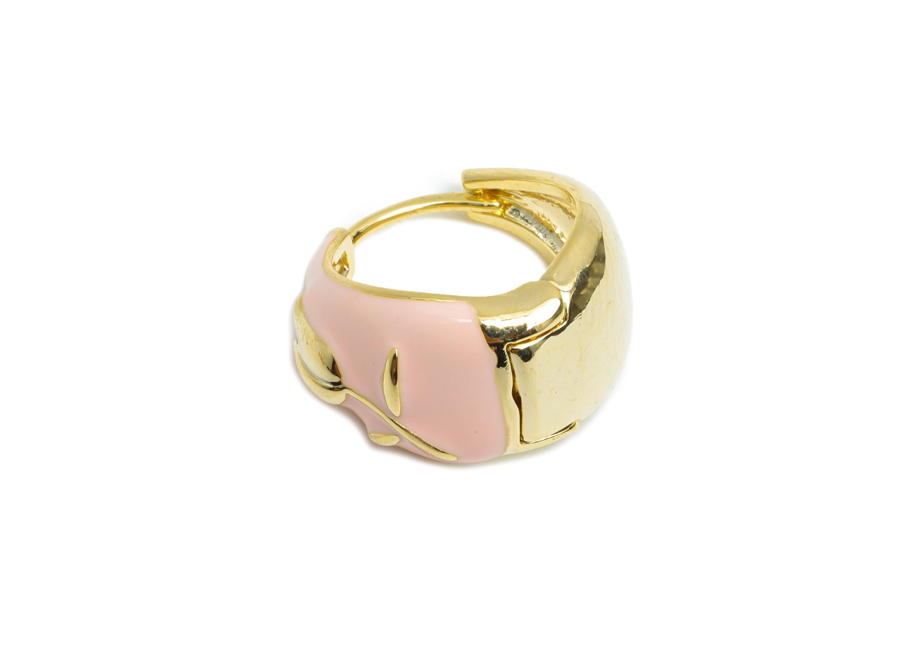 Brass Round Hoop Earring - Flower Enamel Huggie Earring for Girl's - Refined Gold Thick Earring - 18K Gold Plated - 16.61x9.14x3mm -RGP9607B - DOMEDBAZAAR