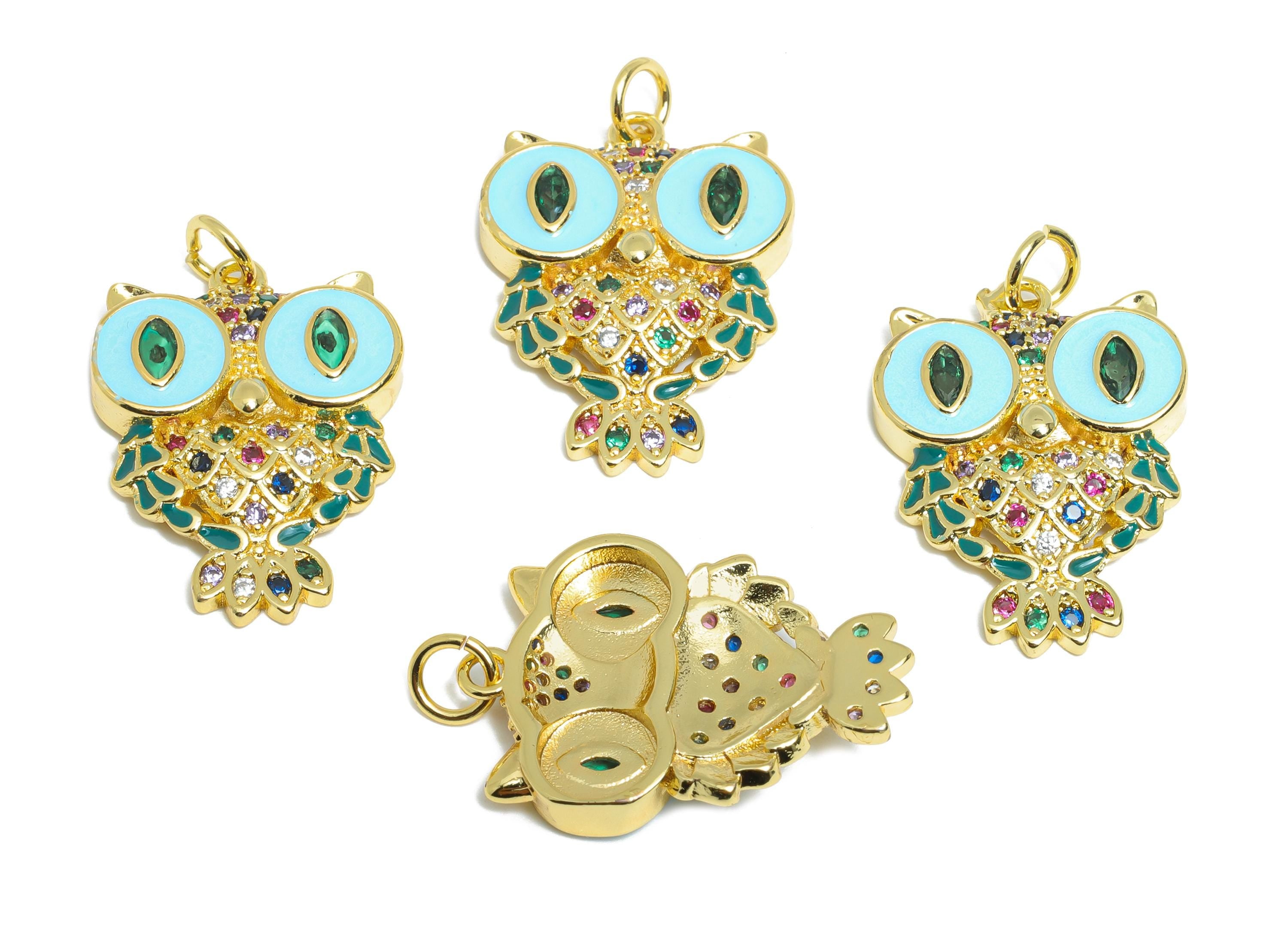 Colorful Owl Pendant - Brass Zircon Geometry Owl Jewelry - Symbol of Wisdom Jewelry - Owl Necklace - 18K Real Gold Plated -24x17x3mm-RGP9702 - DOMEDBAZAAR