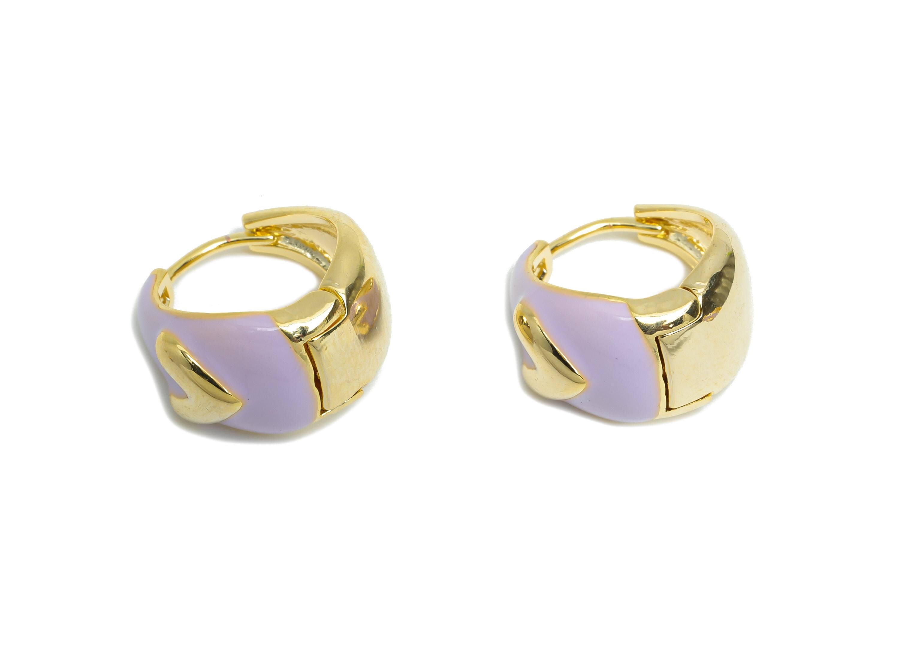 Brass Round Hoop Earring - Heart Enamel Huggie Earring for Girl's - Refined Gold Thick Earring - 18K Gold Plated - 16.61x9.14x3mm -RGP9607C - DOMEDBAZAAR