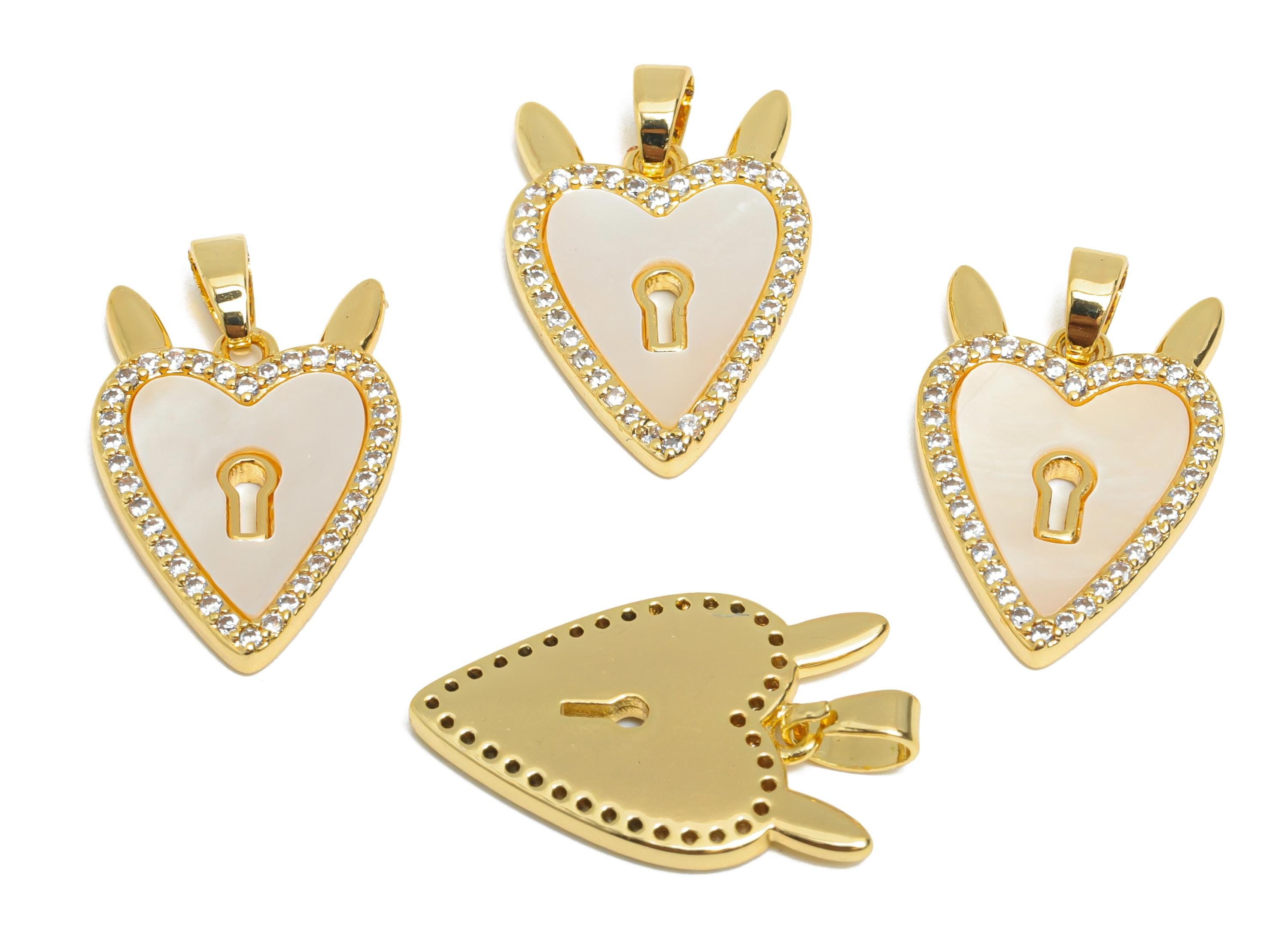 Brass CZ Heart Pendant - Gold Seashell Pendant for Necklace - Refined Heart Lock Charms - 18K Real Gold-Plated - 20.72x13.9x2.15mm-RGP9552 - DOMEDBAZAAR