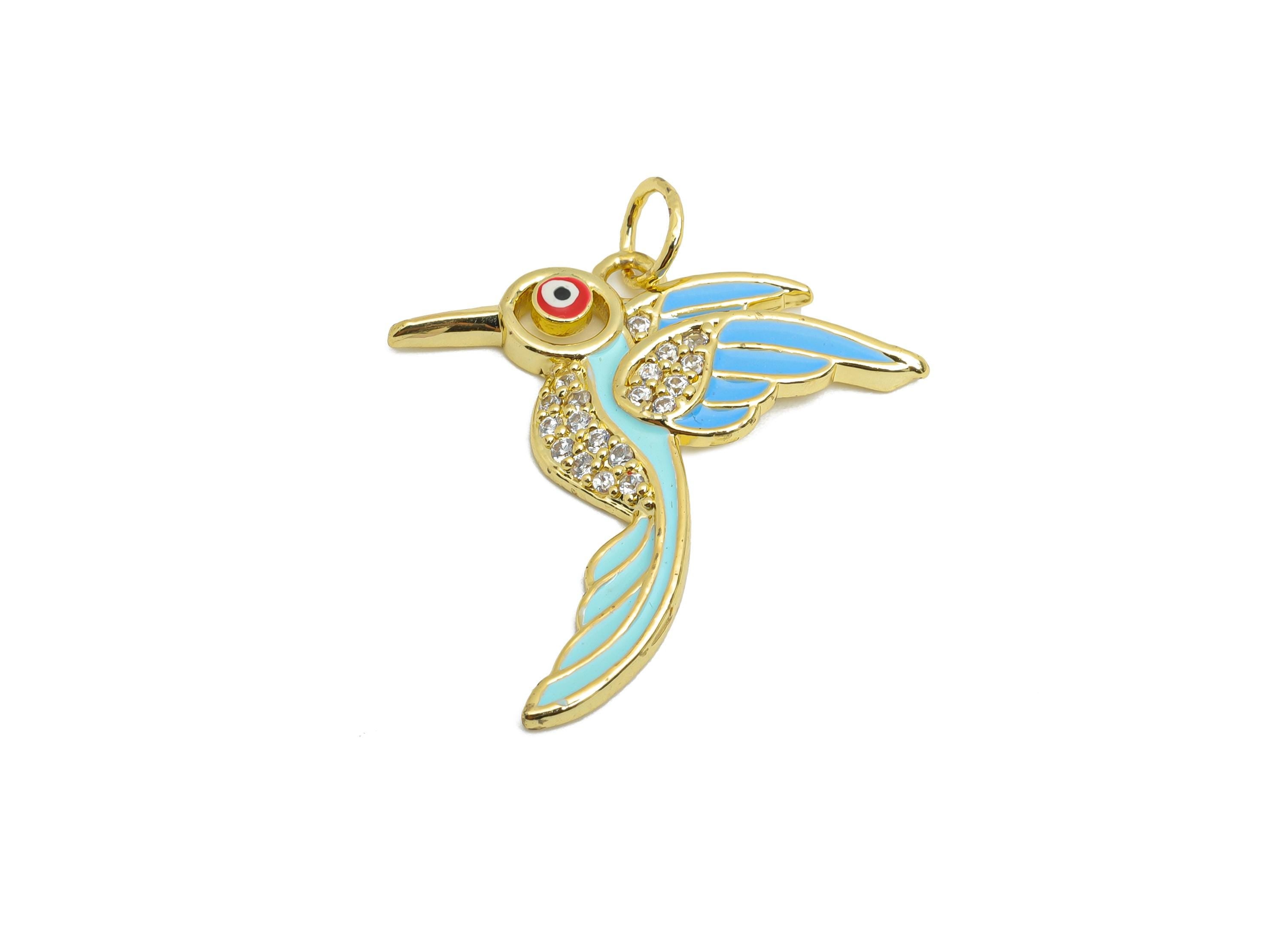 Colorful Bird Pendant - Brass Zircon Animal Jewelry - Cute Bird Jewelry - Modern Enamel Necklace - 18K Real Gold Plated - 25x24x2mm -RGP9697 - DOMEDBAZAAR