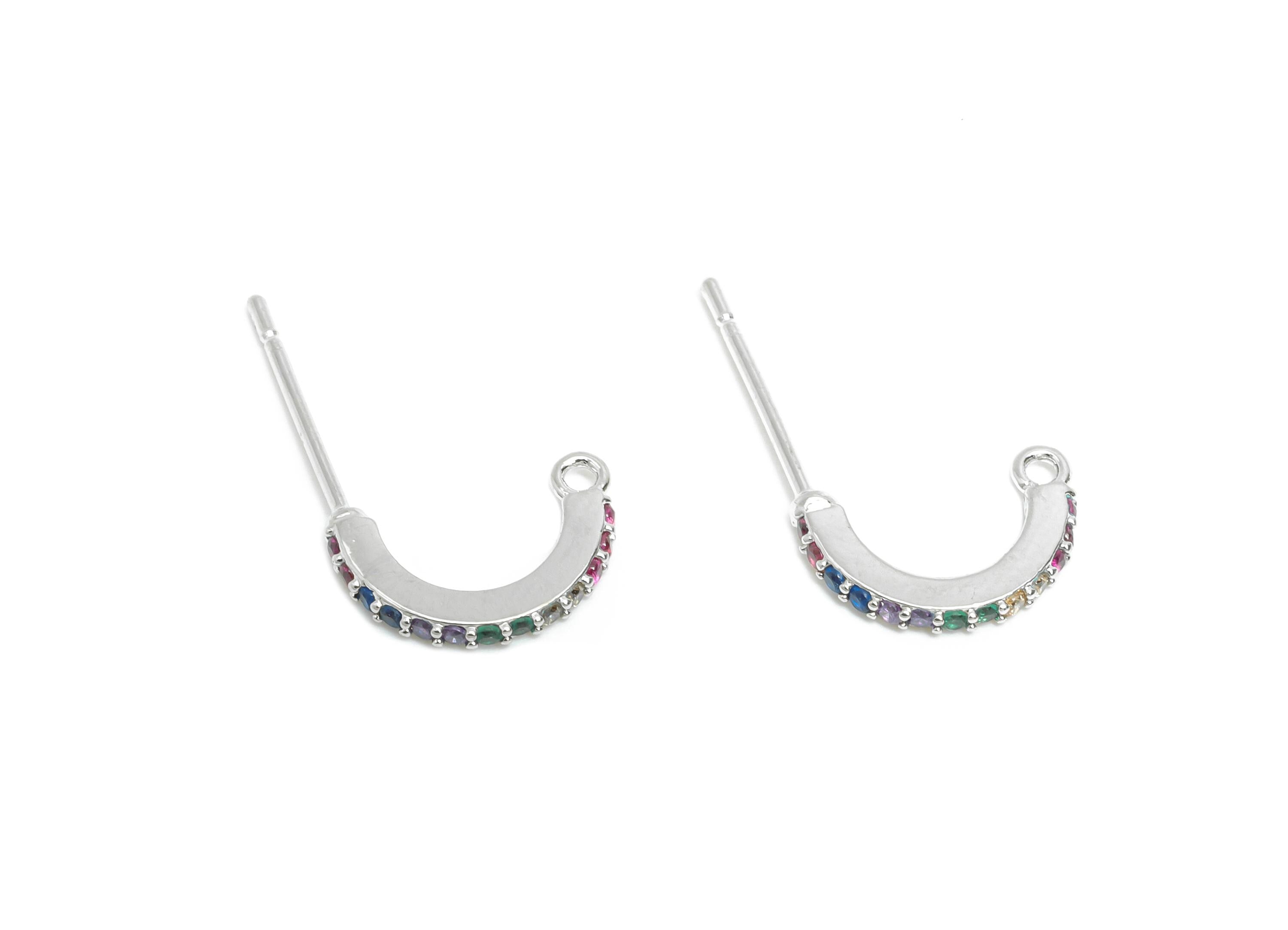 Brass CZ Hoop Earring - Mini C Hoop Earring Post with Loop - Colorful CZ Earring - 18K Real White Gold Plated - 11.28x1.08x1.56mm - RGP9563S - DOMEDBAZAAR