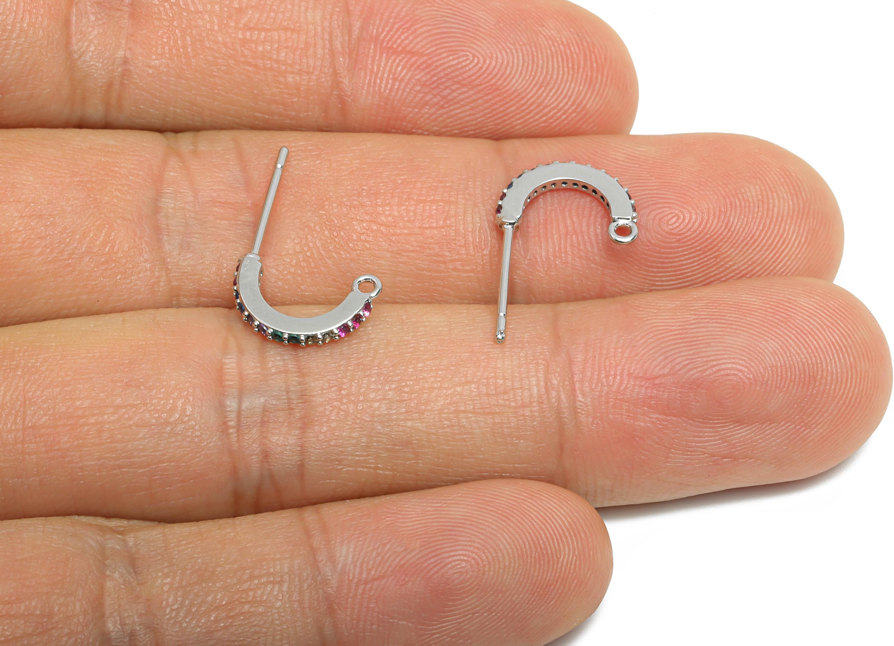 Brass CZ Hoop Earring - Mini C Hoop Earring Post with Loop - Colorful CZ Earring - 18K Real White Gold Plated - 11.28x1.08x1.56mm - RGP9563S - DOMEDBAZAAR