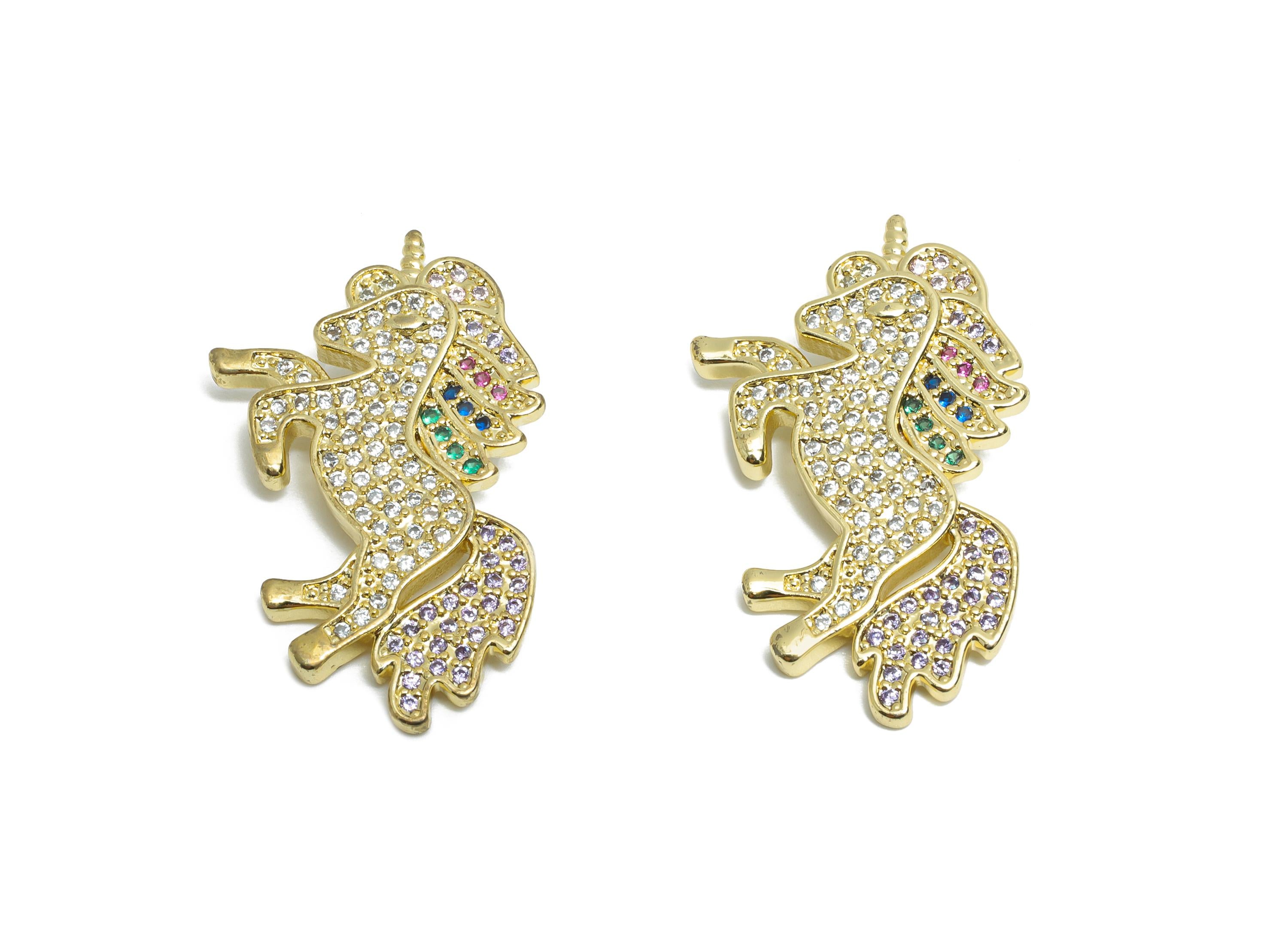 Brass Unicorn Charm - Brass Zircon Horse Earring Charm - Lucky Jewelry - Modern Sparking Charm - 18K Real Gold Plated - 16x28x2mm-RGP9700 - DOMEDBAZAAR
