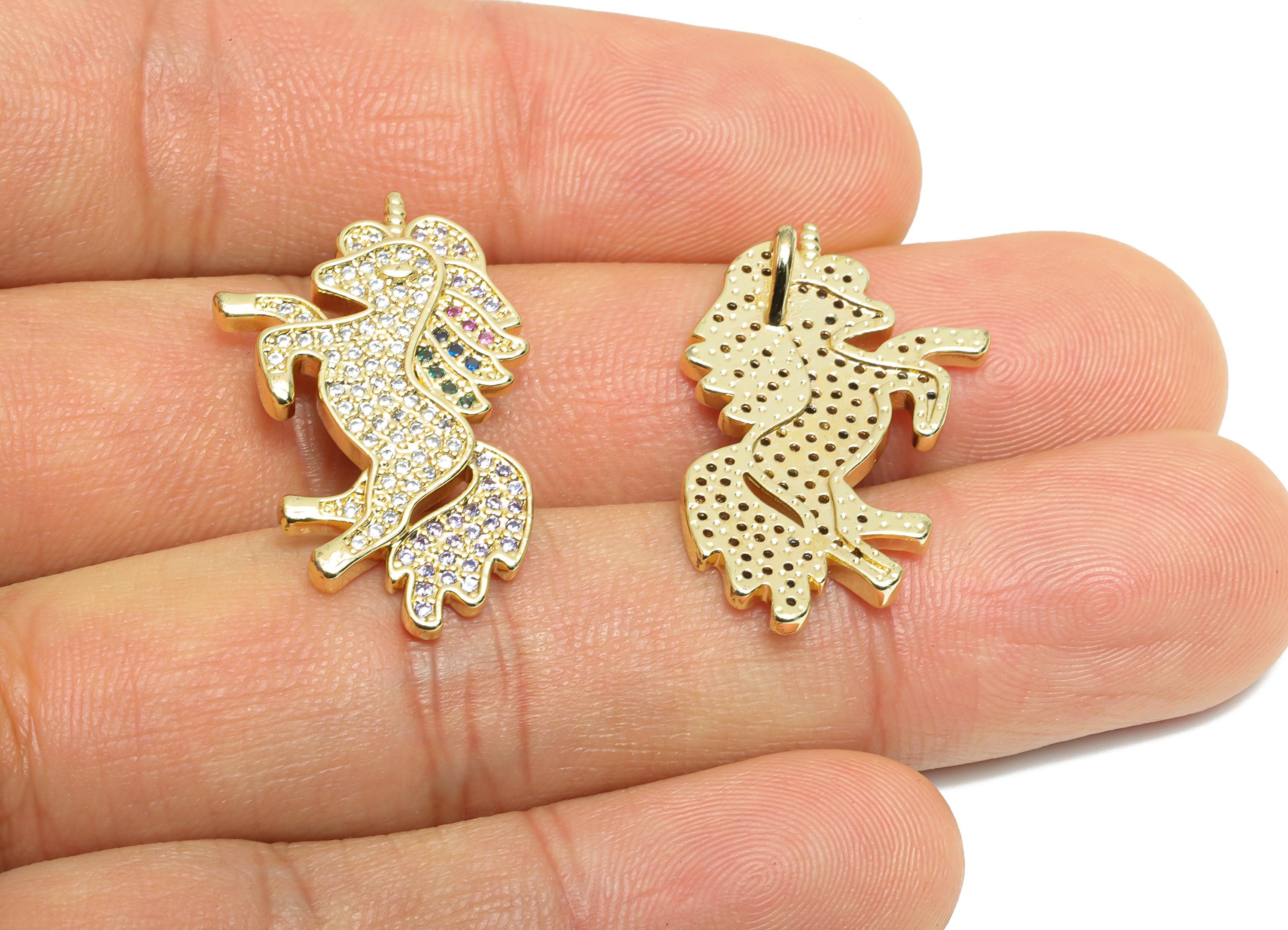 Brass Unicorn Charm - Brass Zircon Horse Earring Charm - Lucky Jewelry - Modern Sparking Charm - 18K Real Gold Plated - 16x28x2mm-RGP9700 - DOMEDBAZAAR