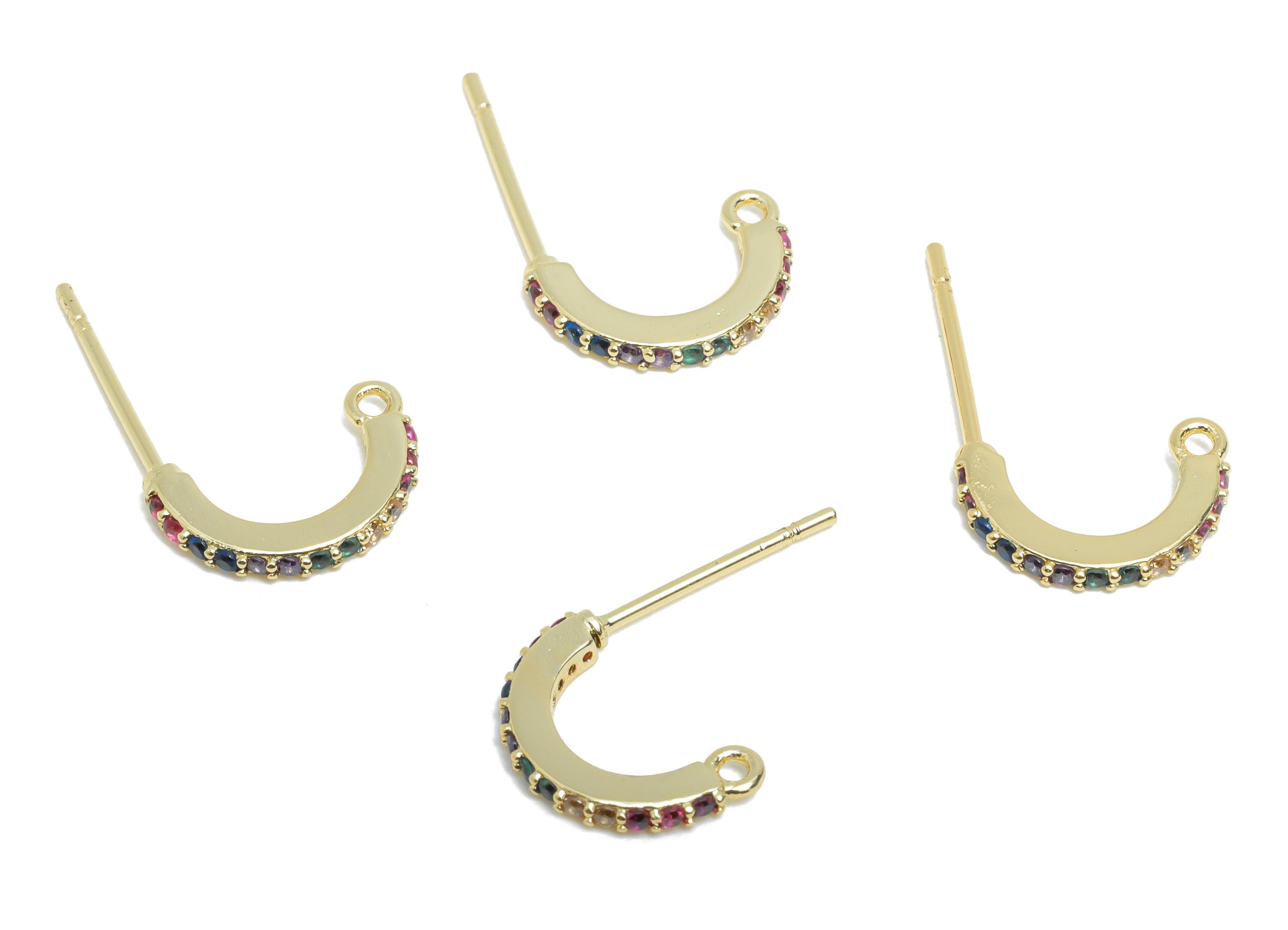 Brass CZ Hoop Earrings - Mini C Hoop Earring Post with Loop - Colorful CZ Earrings - 14K Real Gold Plated - 11.28x1.08x1.56mm - RGP9563-14 - DOMEDBAZAAR