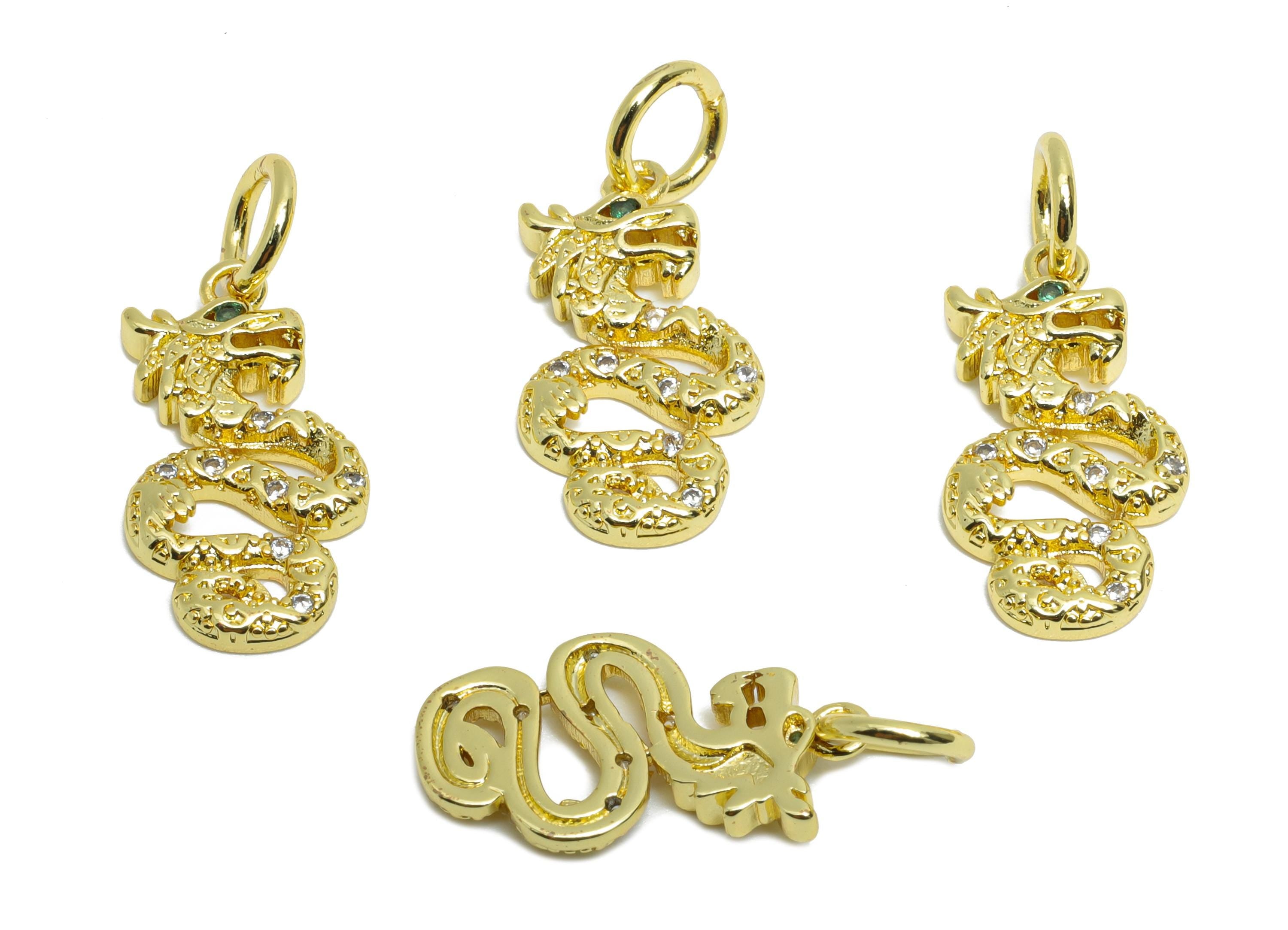 Brass Dragon Pendant - Brass Cubic Zircon Jewelry - Twisted Dragon Pendant - Sparking Charm - 18K Real Gold Plated - 17x9x2.31mm - RGP9703 - DOMEDBAZAAR