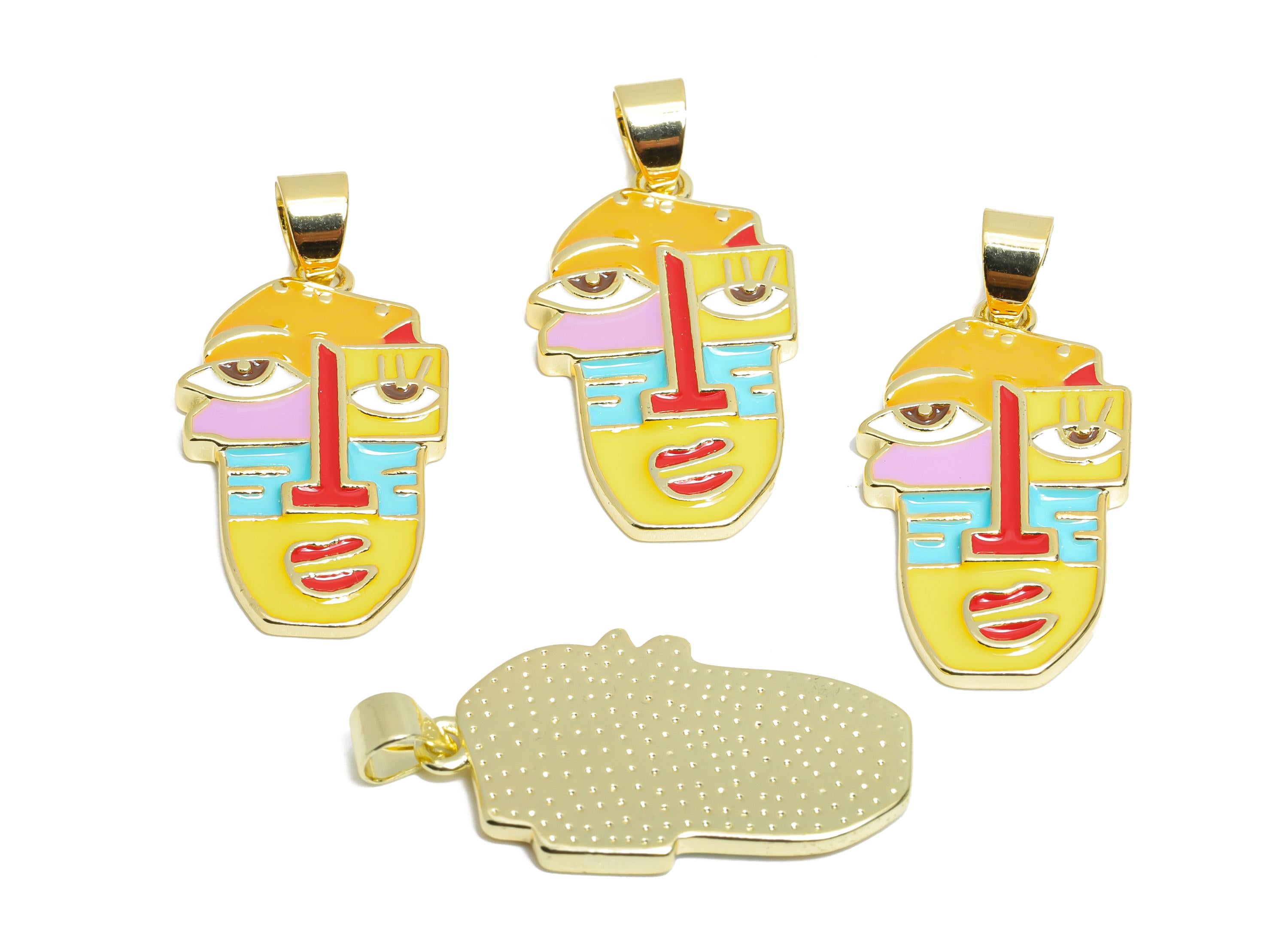 Abstract Portrait Pendant - Brass Zircon Colorful Jewelry - Modern Colorful Brass Pendant - 18K Real Gold Plated - 27x15x2.21mm - RGP9705 - DOMEDBAZAAR