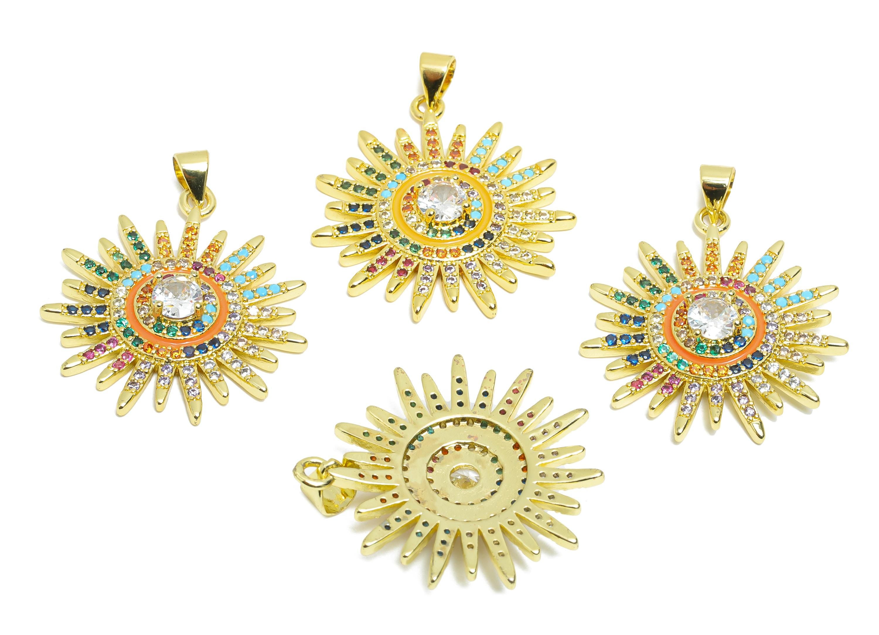 Brass Sunshine Pendant - Brass Zircon Colorful Jewelry - Modern Full Diamond Brass Pendant - 18K Real Gold Plated - 29x26x4.91mm - RGP9719 - DOMEDBAZAAR