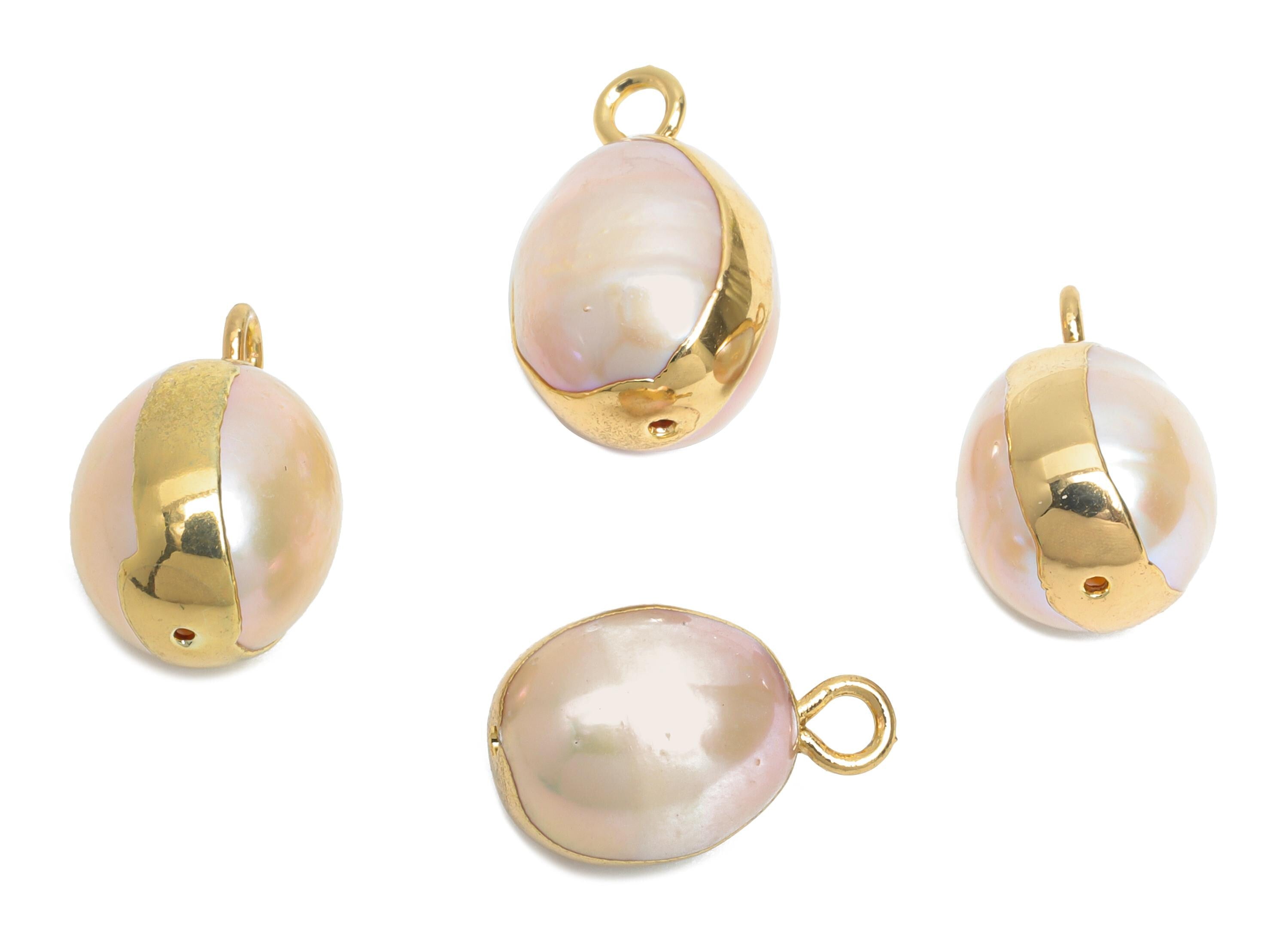 Round Pearl Earring Charms - Natural Mop Pearl Pendant - Irregular Pearl Handmade Jewelry -KC Gold Tone Plated - 14.22x9.25x9.12mm - RGP9578 - DOMEDBAZAAR