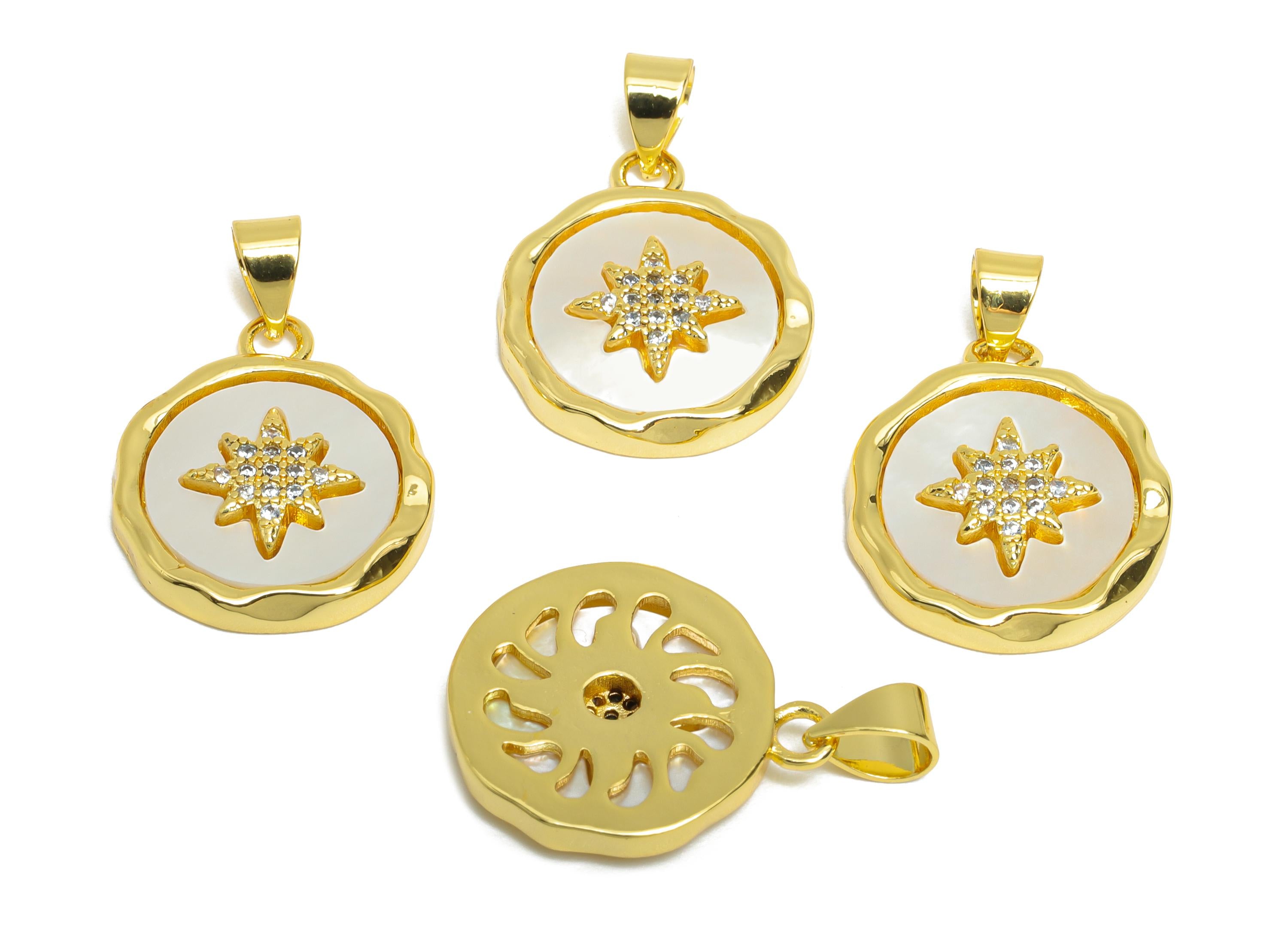 Brass CZ North Star Pendant - Gold Textured Round Pendant for Necklace - Danity Seashell Jewelry- 18K Gold Plated-23.42x15.81x3.12mm-RGP9630 - DOMEDBAZAAR