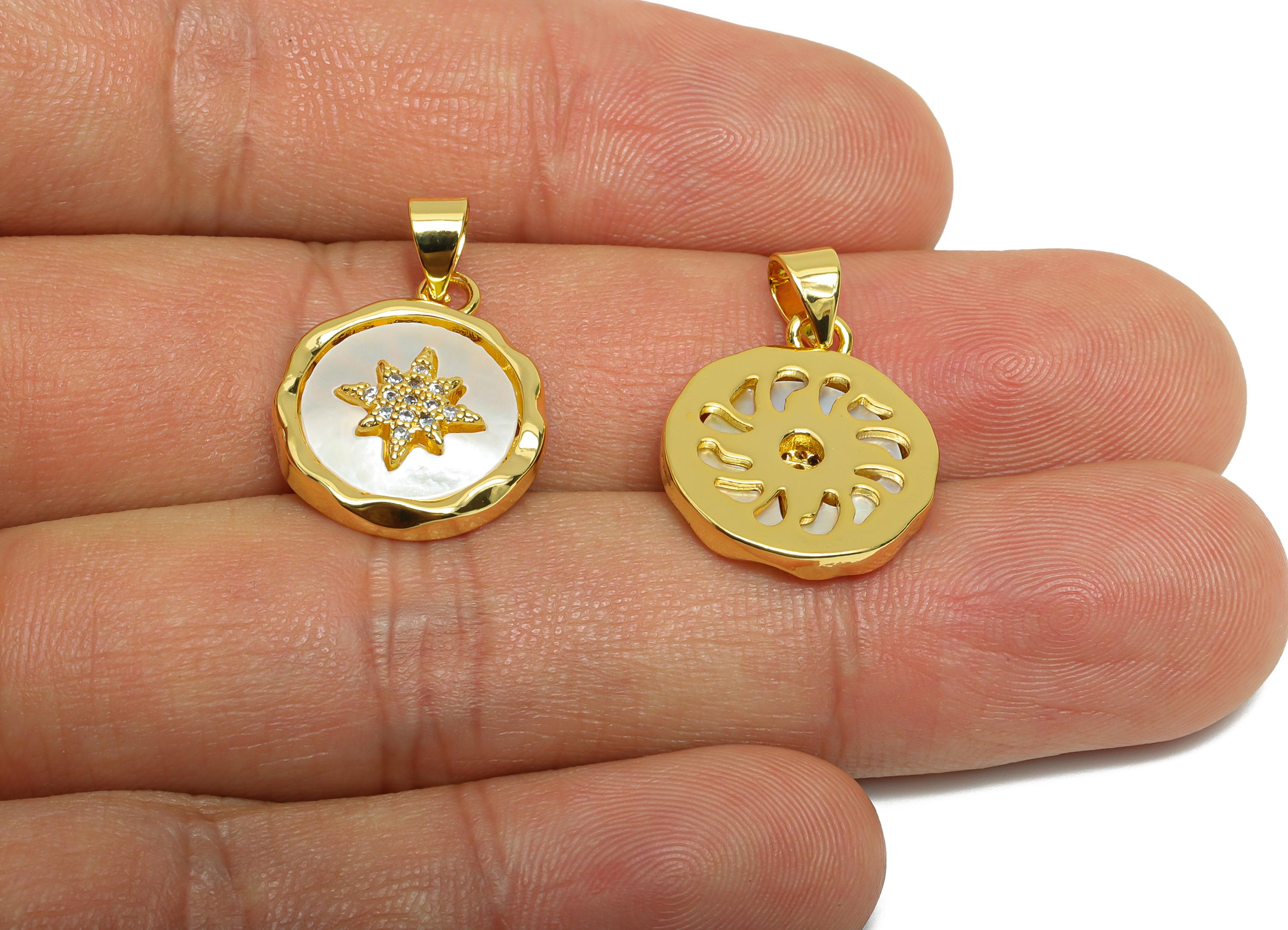 Brass CZ North Star Pendant - Gold Textured Round Pendant for Necklace - Danity Seashell Jewelry- 18K Gold Plated-23.42x15.81x3.12mm-RGP9630 - DOMEDBAZAAR