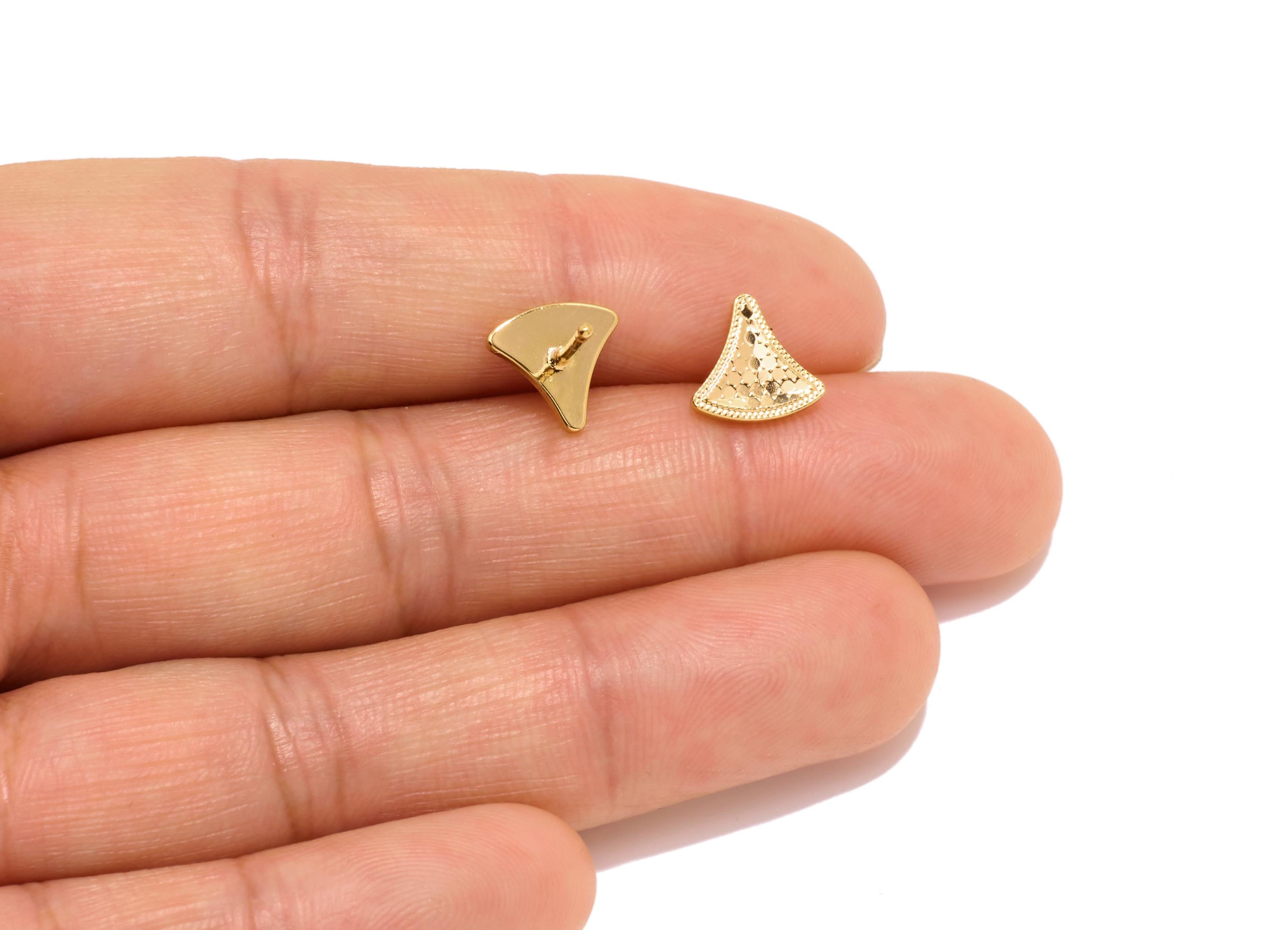 Brass Fan Earring Studs - Sparkling Gold Triangle Post for Woman - Minimalist Jewelry - 18K Real Gold Plated - 9.02x8.67x0.8mm - RGP10769 - DOMEDBAZAAR