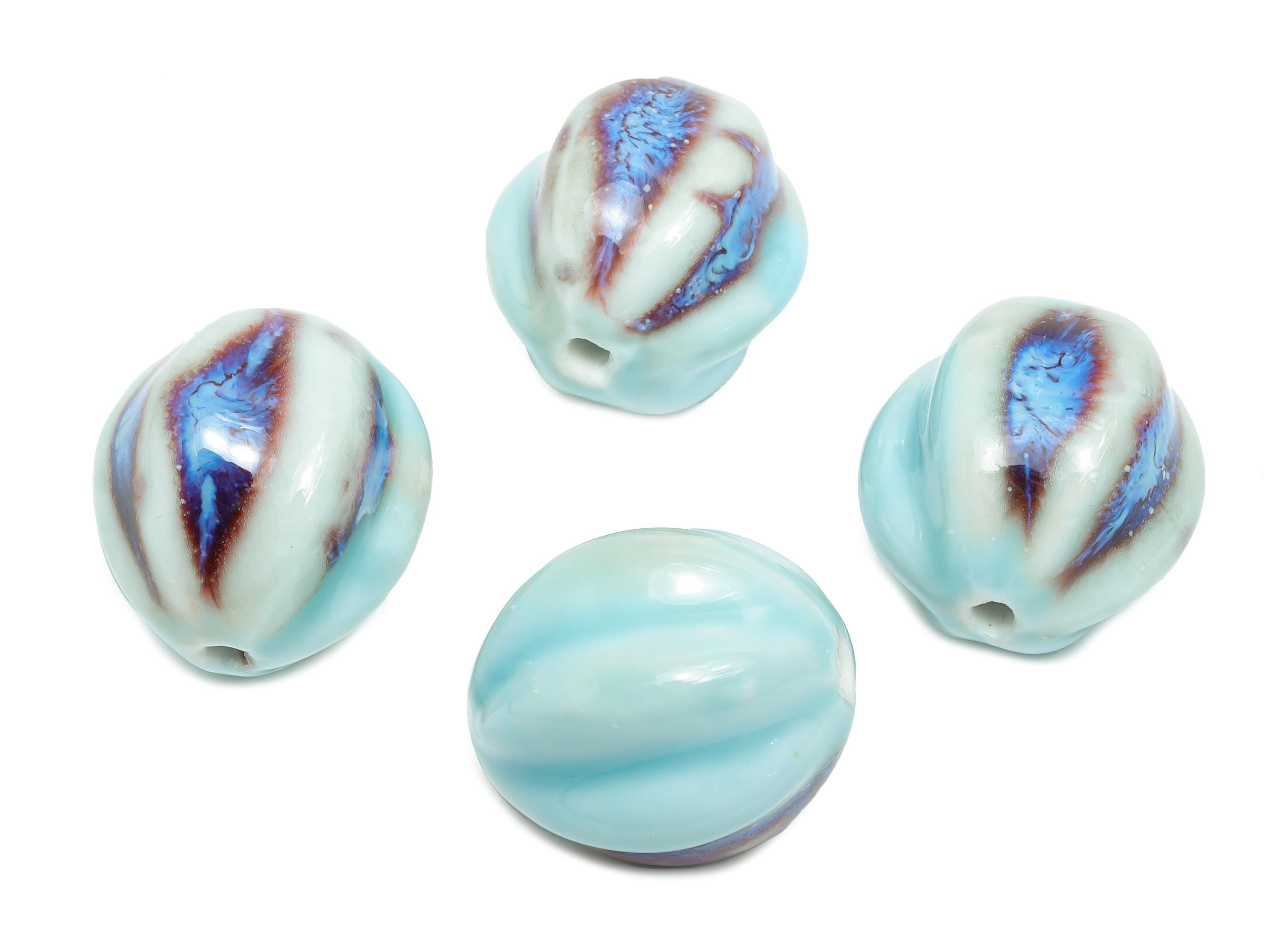 Striped Oval Ceramic Bead - Craft Beads for Necklace or Bracelet - Rustic Artisan - Textured Ceramic  Making Supplies -27x25x25.7mm - NS2817 - DOMEDBAZAAR