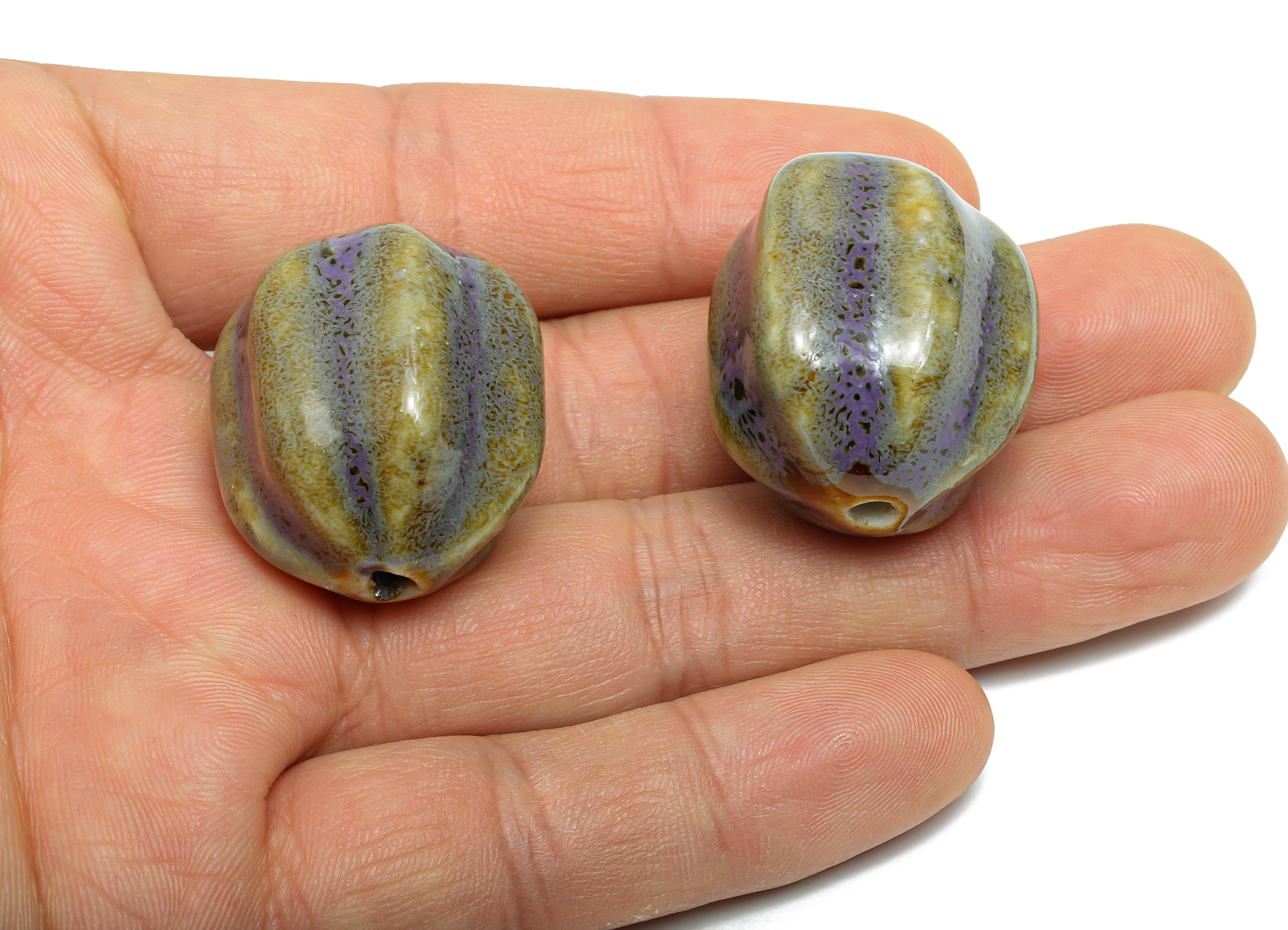 Striped Oval Ceramic Bead - Craft Beads for Necklace or Bracelet - Rustic Artisan - Textured Ceramic  Making Supplies - 30x25x25mm - NS2813 - DOMEDBAZAAR